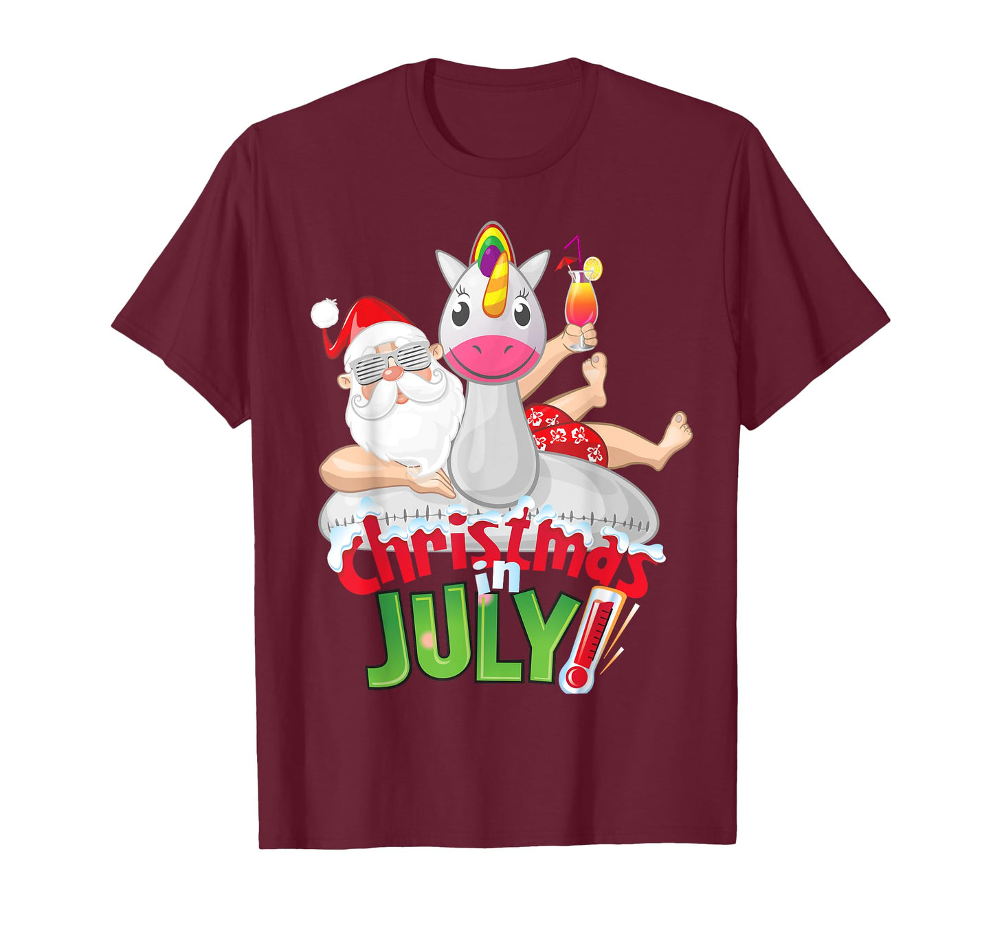Funny Christmas in July Shirt Summer Unicorn Float Xmas T-Shirt for Men Women Kids
