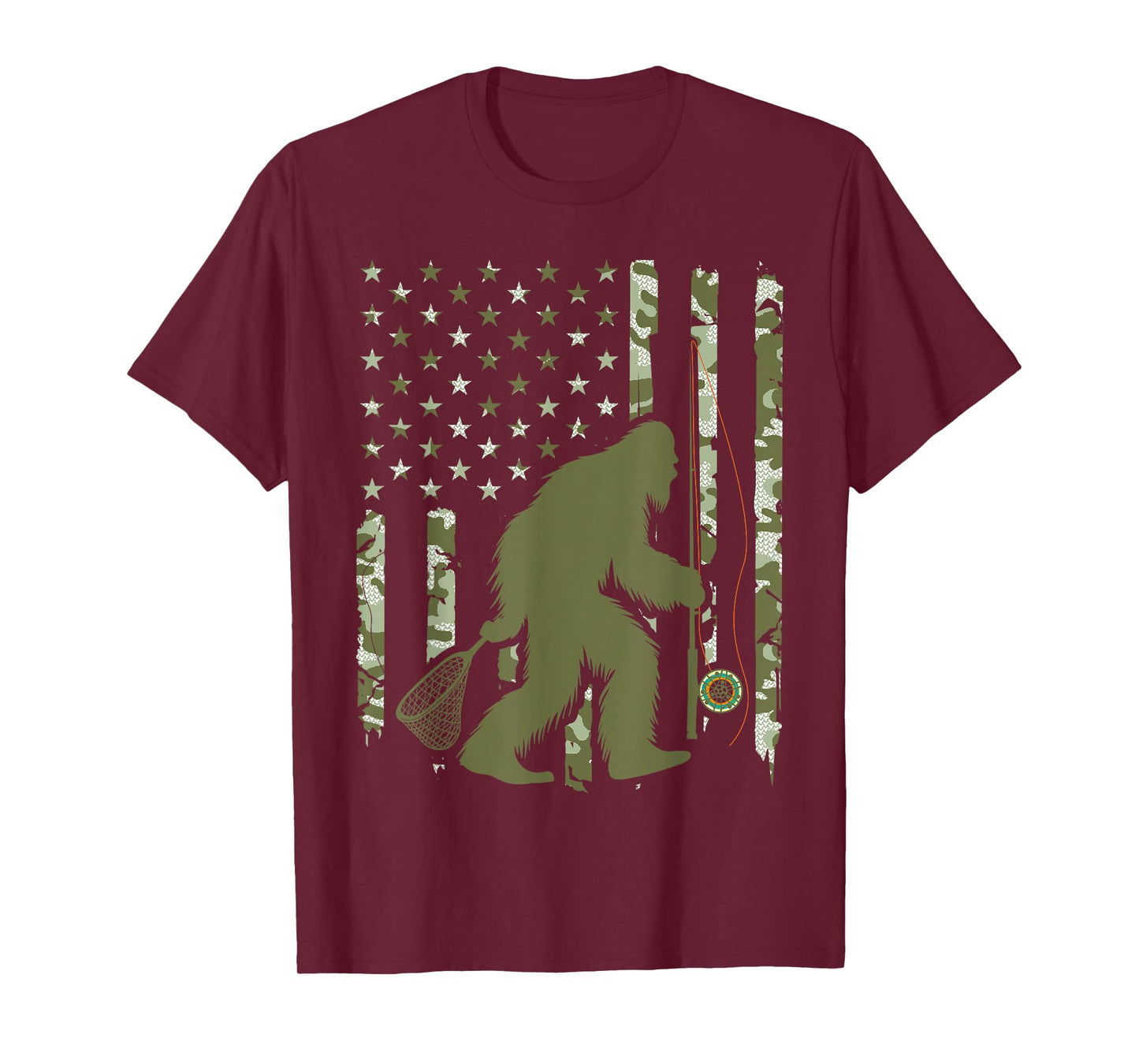 Bigfoot Sasquatch Fly Fishing American Flag Camo Vintage T-Shirt