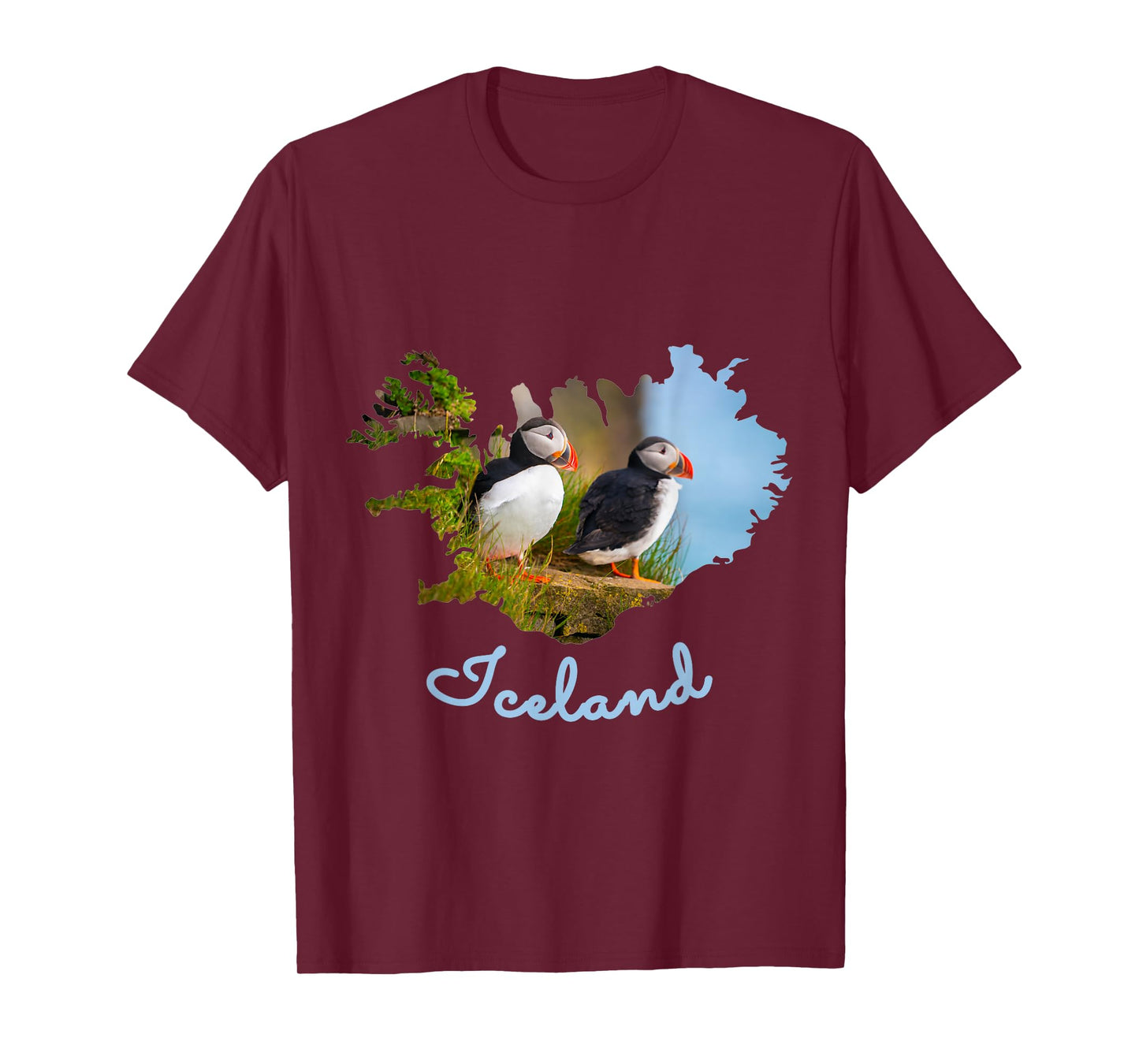 Puffin Bird Iceland Map Outline & Text Design T-Shirt