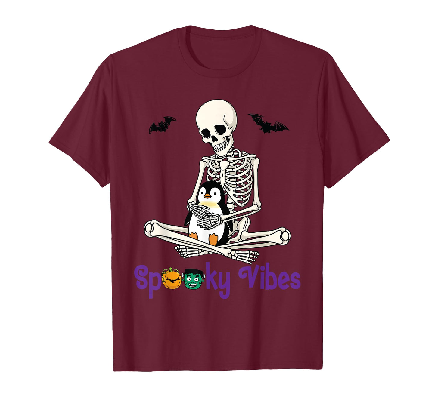 Skeleton Hugging Penguin Cute Spooky Vibes Halloween Day T-Shirt