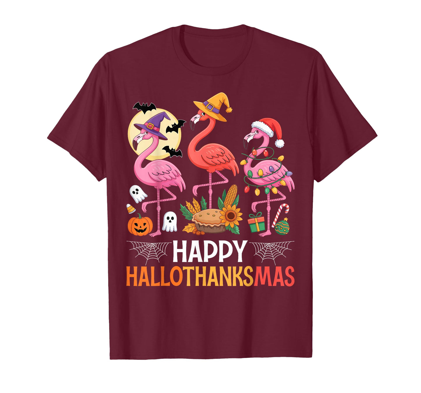 Happy Hallothanksmas Xmas Halloween Thanksgiving Flamingo T-Shirt