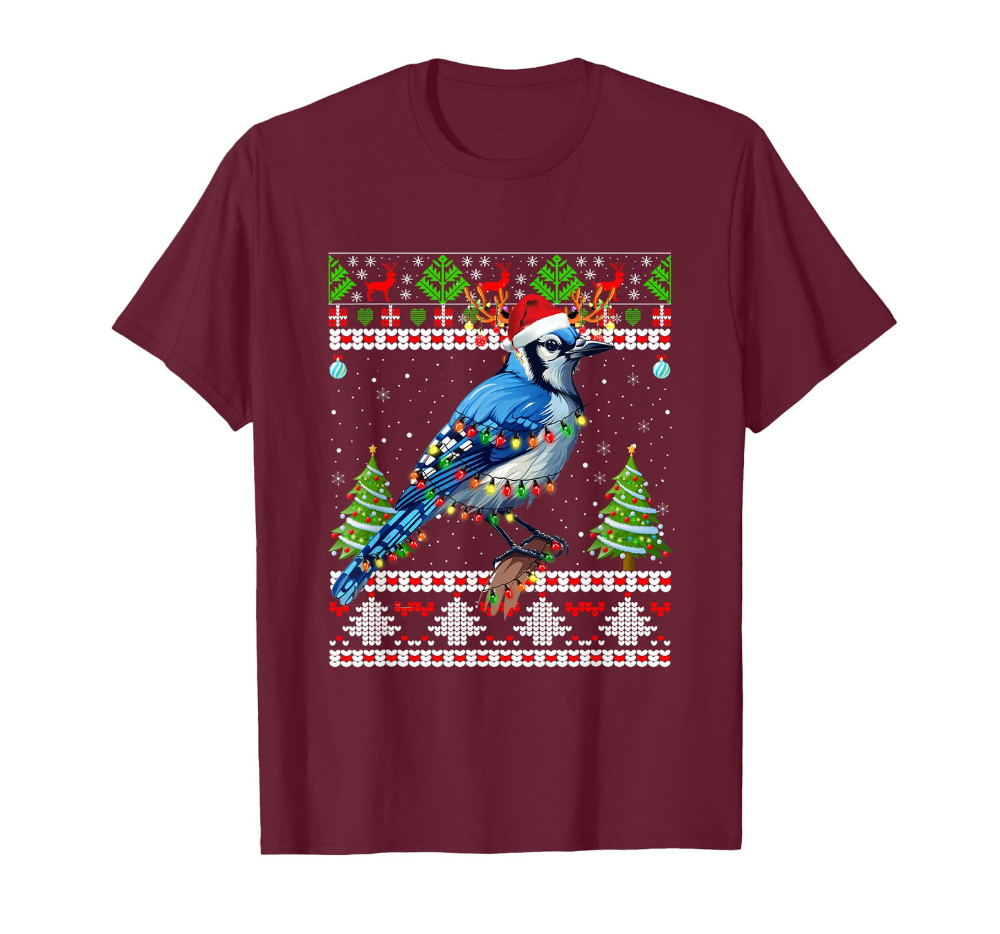Xmas Lights Ugly Sweater Style Santa Blue Jay Bird Christmas T-Shirt