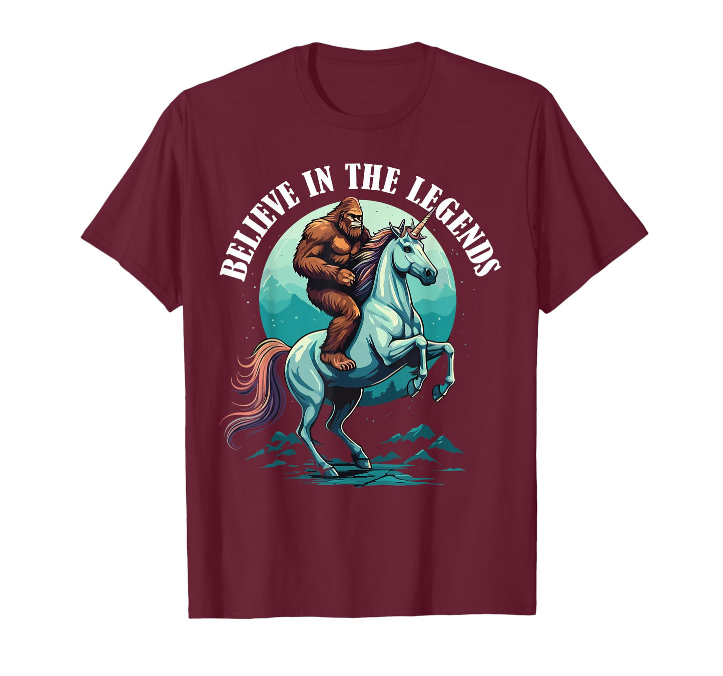 Bigfoot Riding Unicorn Funny Mythical Sasquatch Fantasy T-Shirt