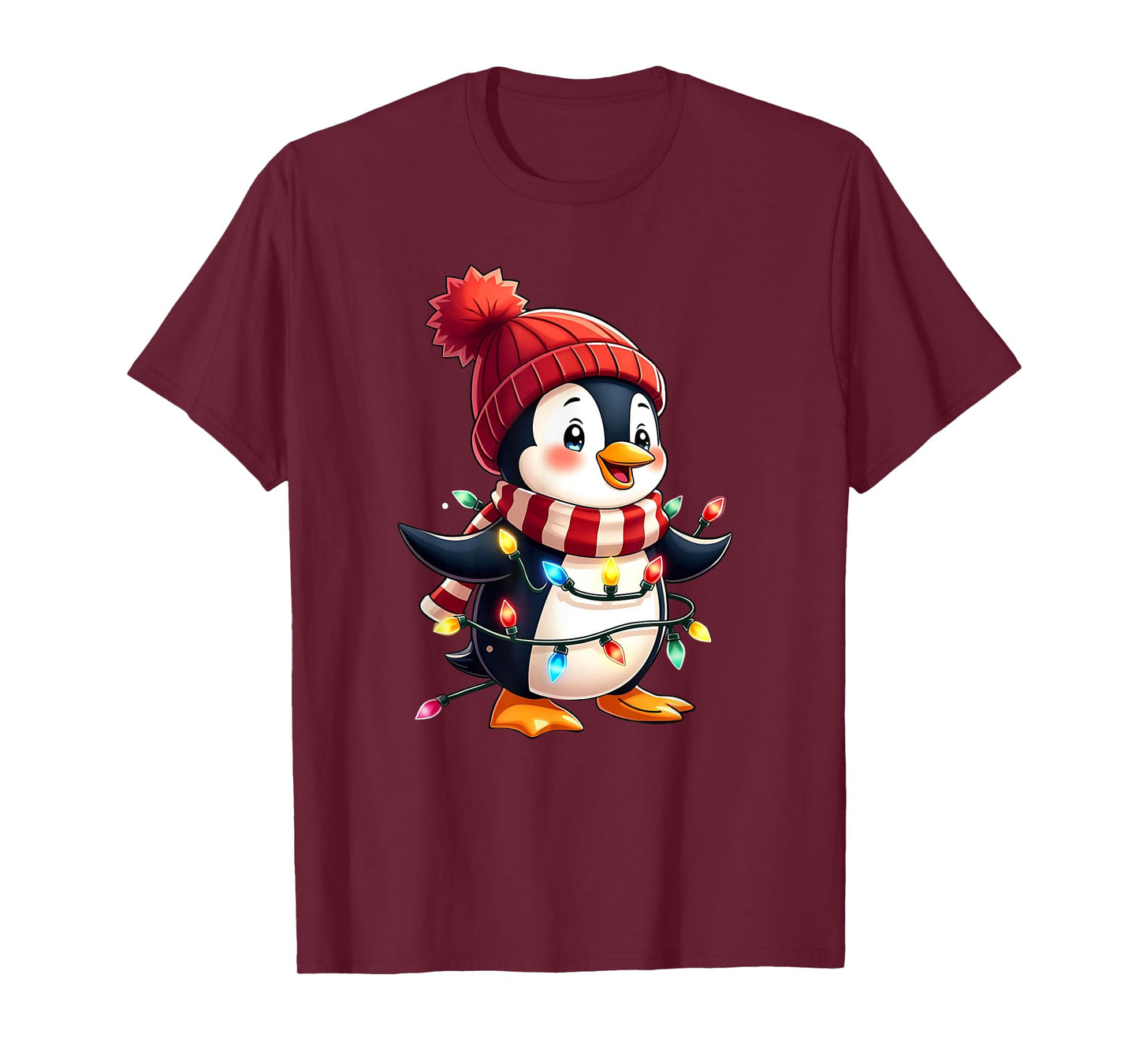 Cute Christmas Penguin Wrapped in Lights Holiday Design T-Shirt