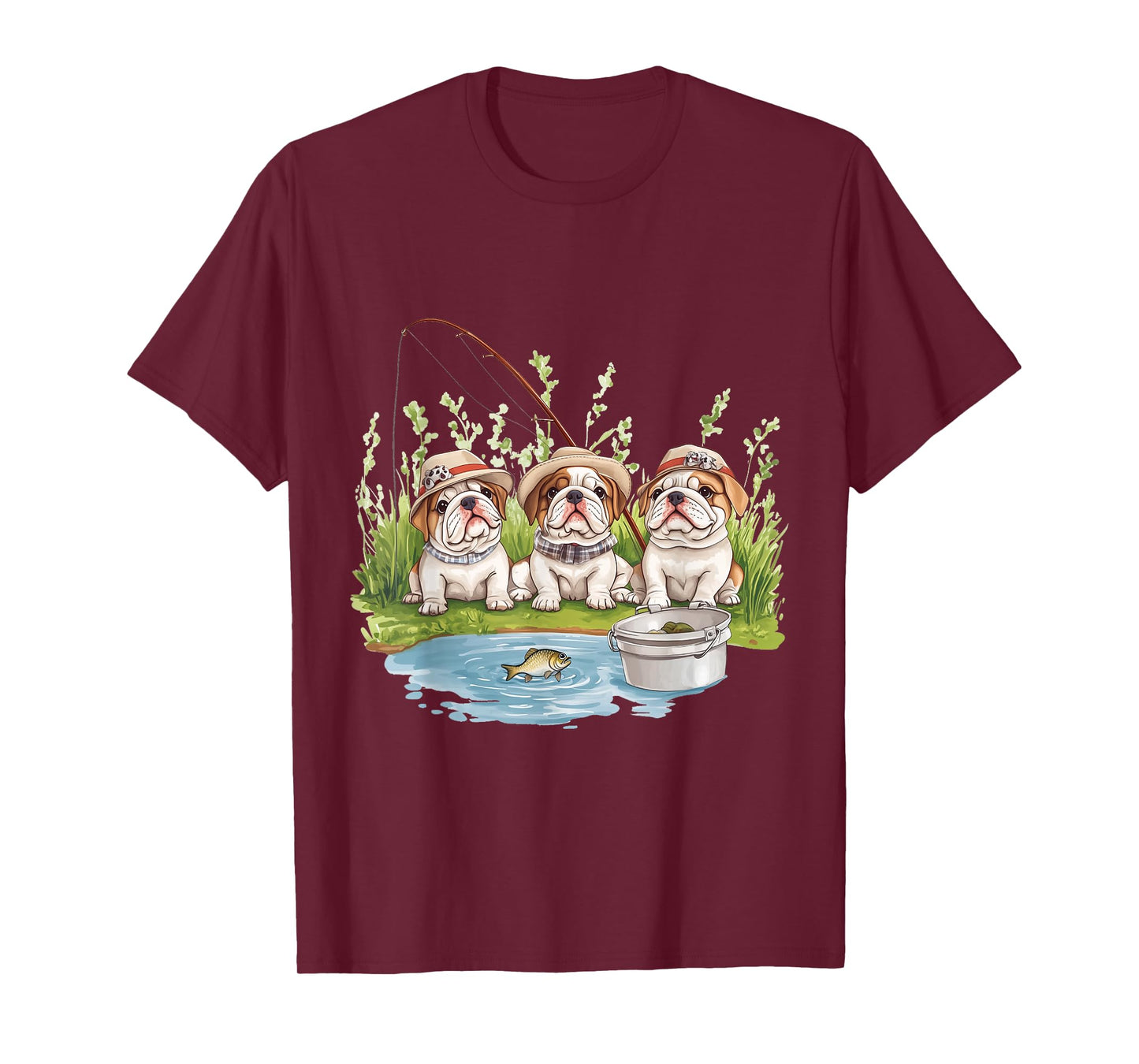 Cute English Bulldogs Fishing Pond Puppy Lake Fish Dogs T-Shirt
