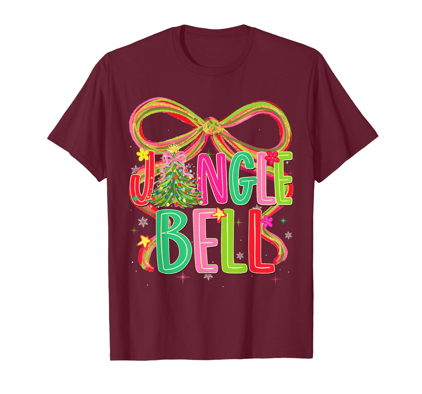 Jingle Bells Coquette Bow Merry Christmas Tree Girl Women T-Shirt