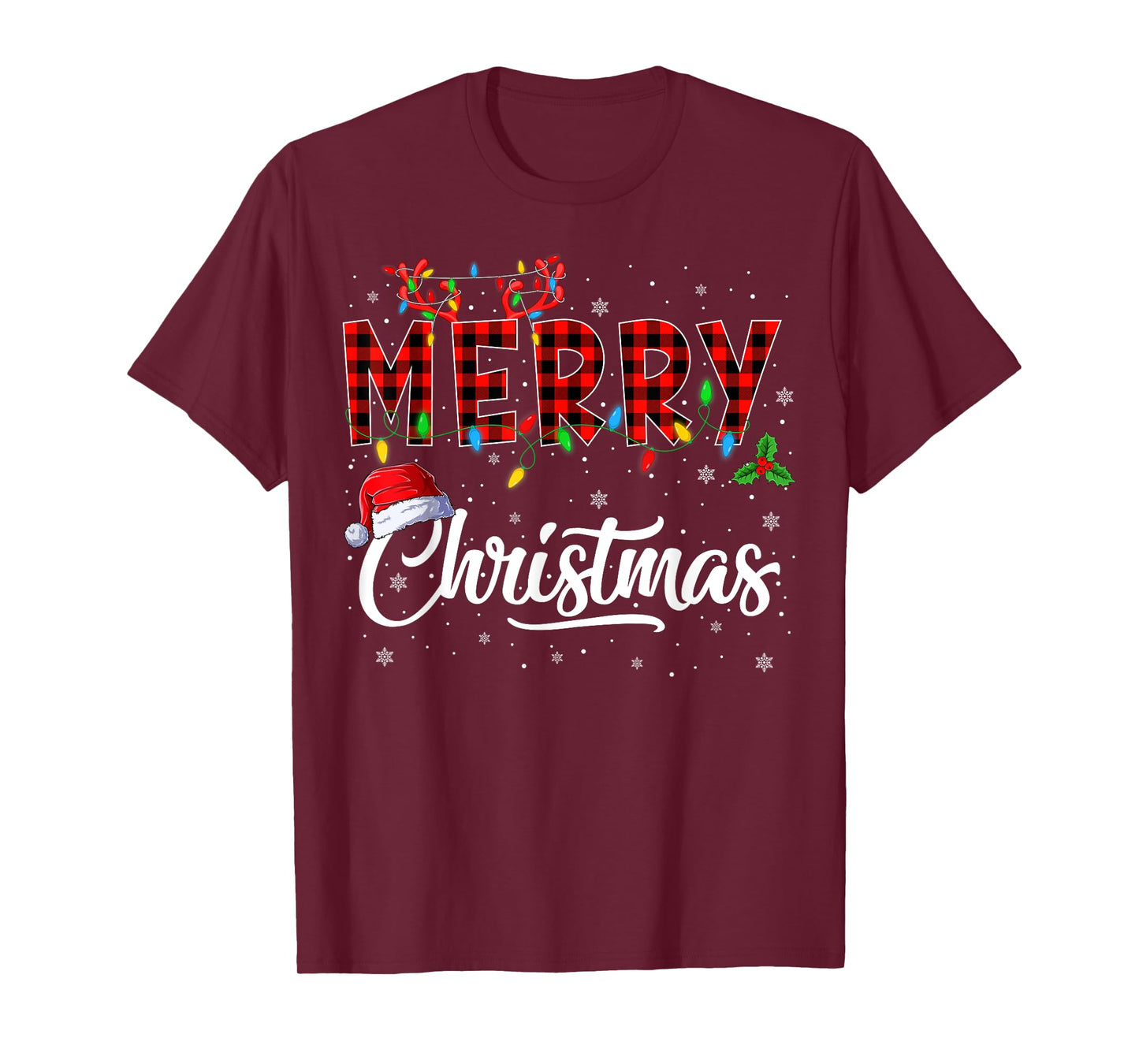 Merry Christmas Lights Santa Hat Xmas Family Men Women Kids T-Shirt