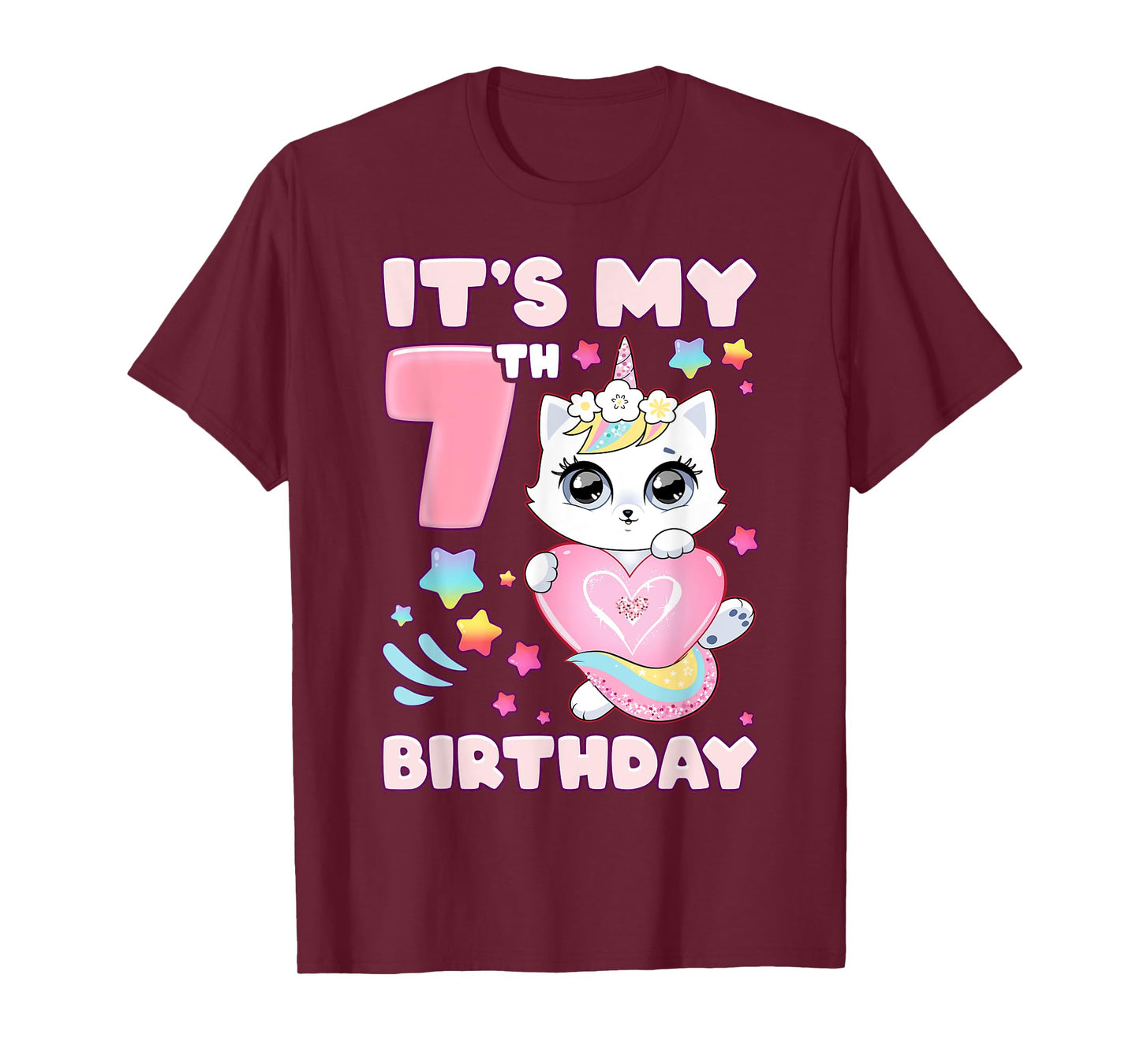 Birthday girl 7 years old, cat, unicorn, 7th birthday T-Shirt
