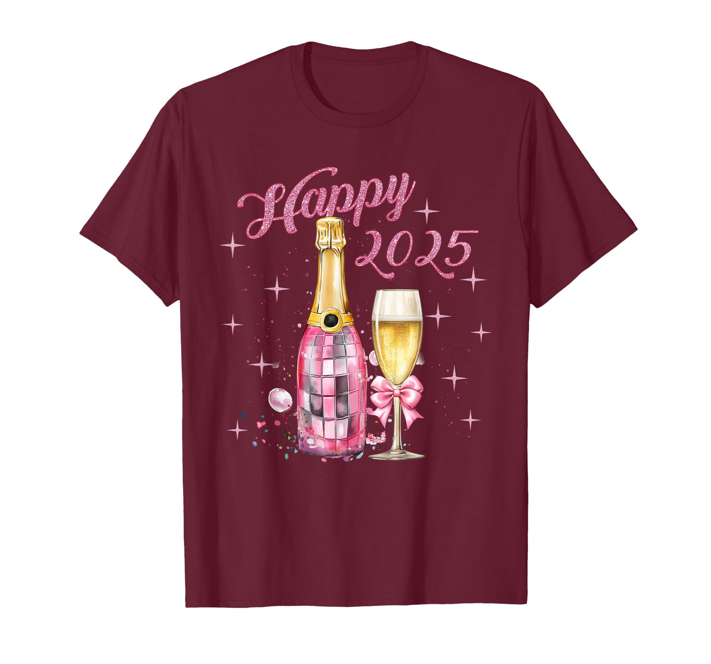 Pink Happy New Year 2025 Girly Pajama Disco Balls Outfits T-Shirt