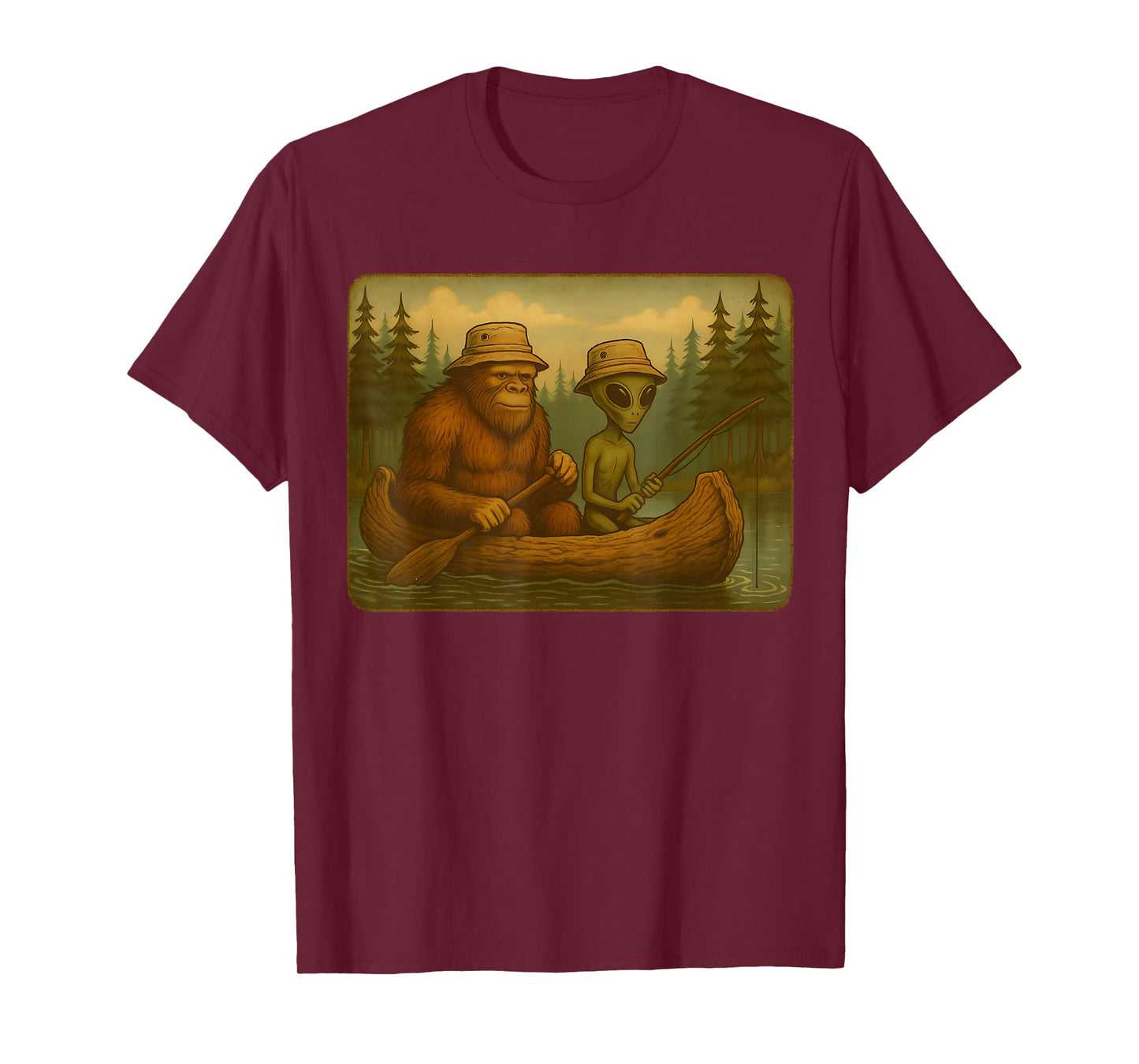 Bigfoot Alien Fishing Design Men Boys Sasquatch Fishing T-Shirt