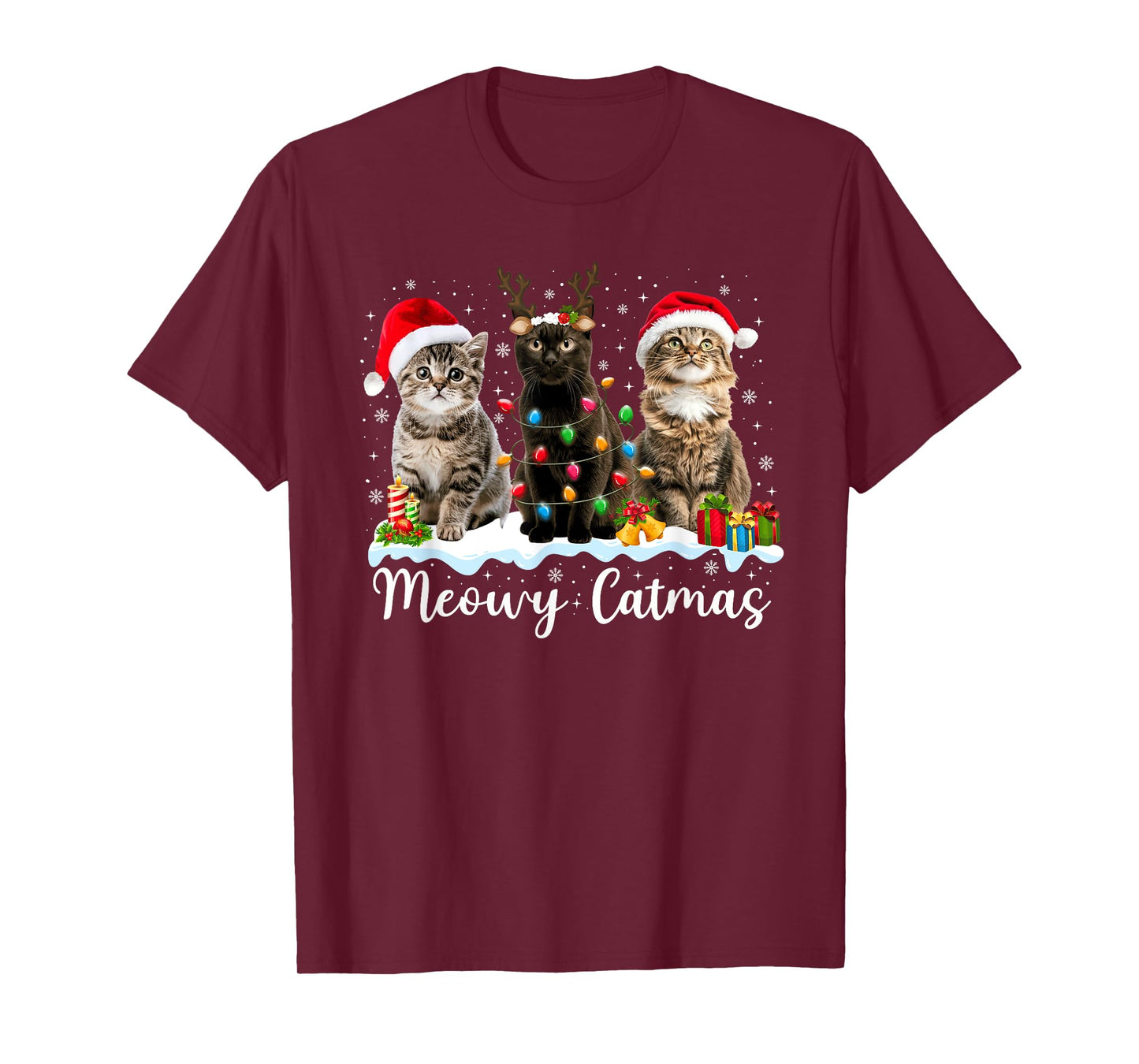 Meowy Catmas Cat Christmas Lights Xmas Pajamas Cat Lover Men Women Kids T-Shirt