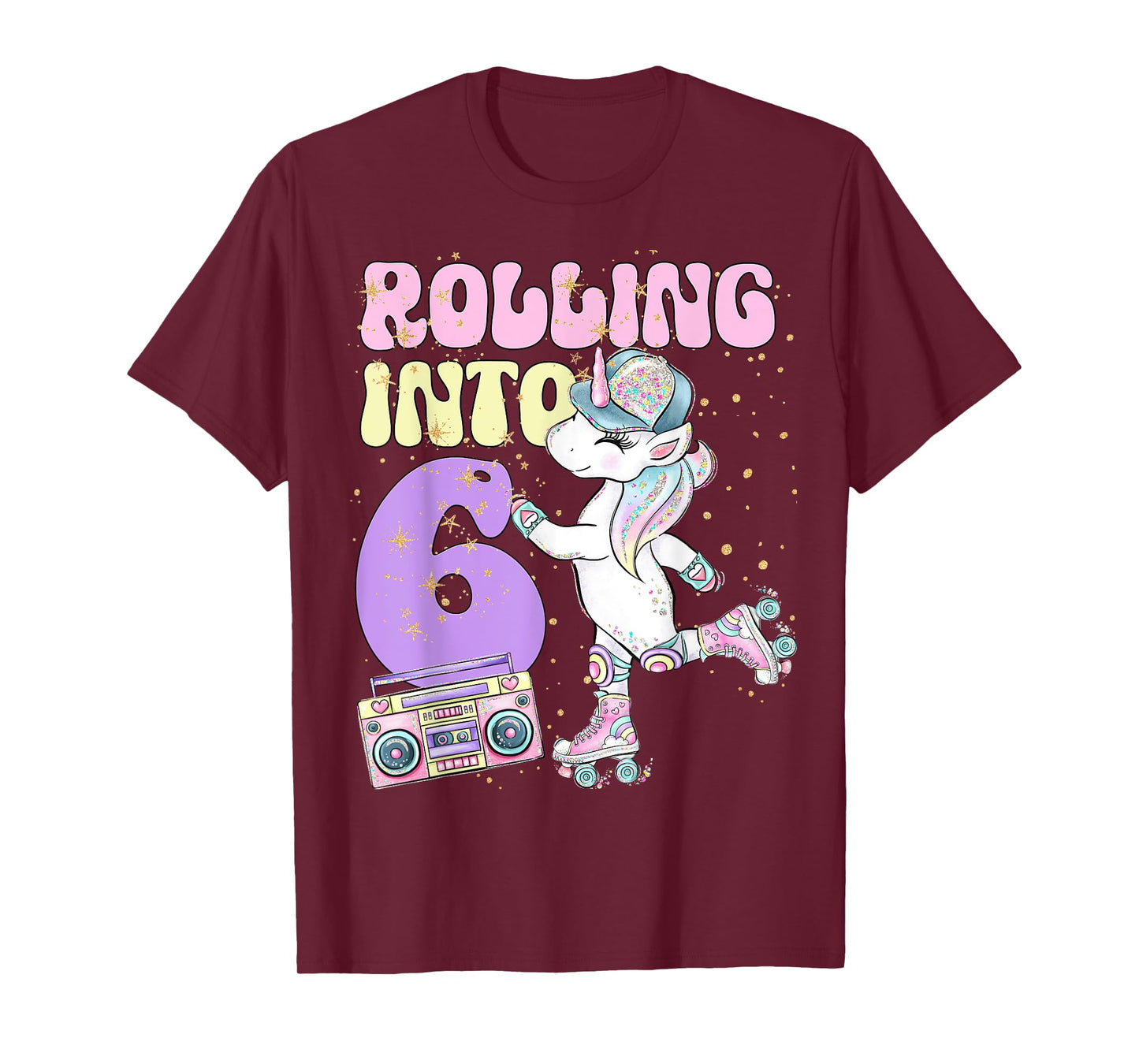 6th Birthday Roller Skate Party Unicorn Retro 90s Skating T-Shirt