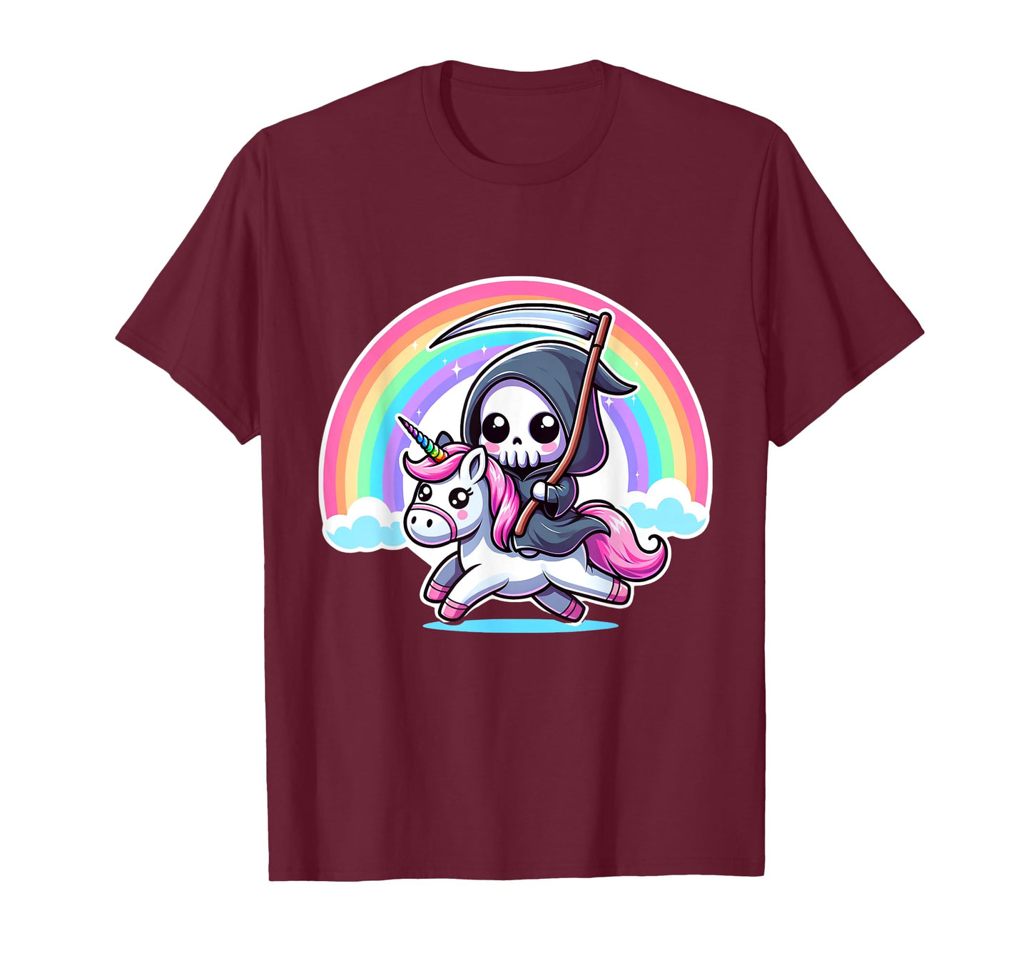 Grim Reaper Riding Unicorn Funny Rainbow Heavy Metal T-Shirt