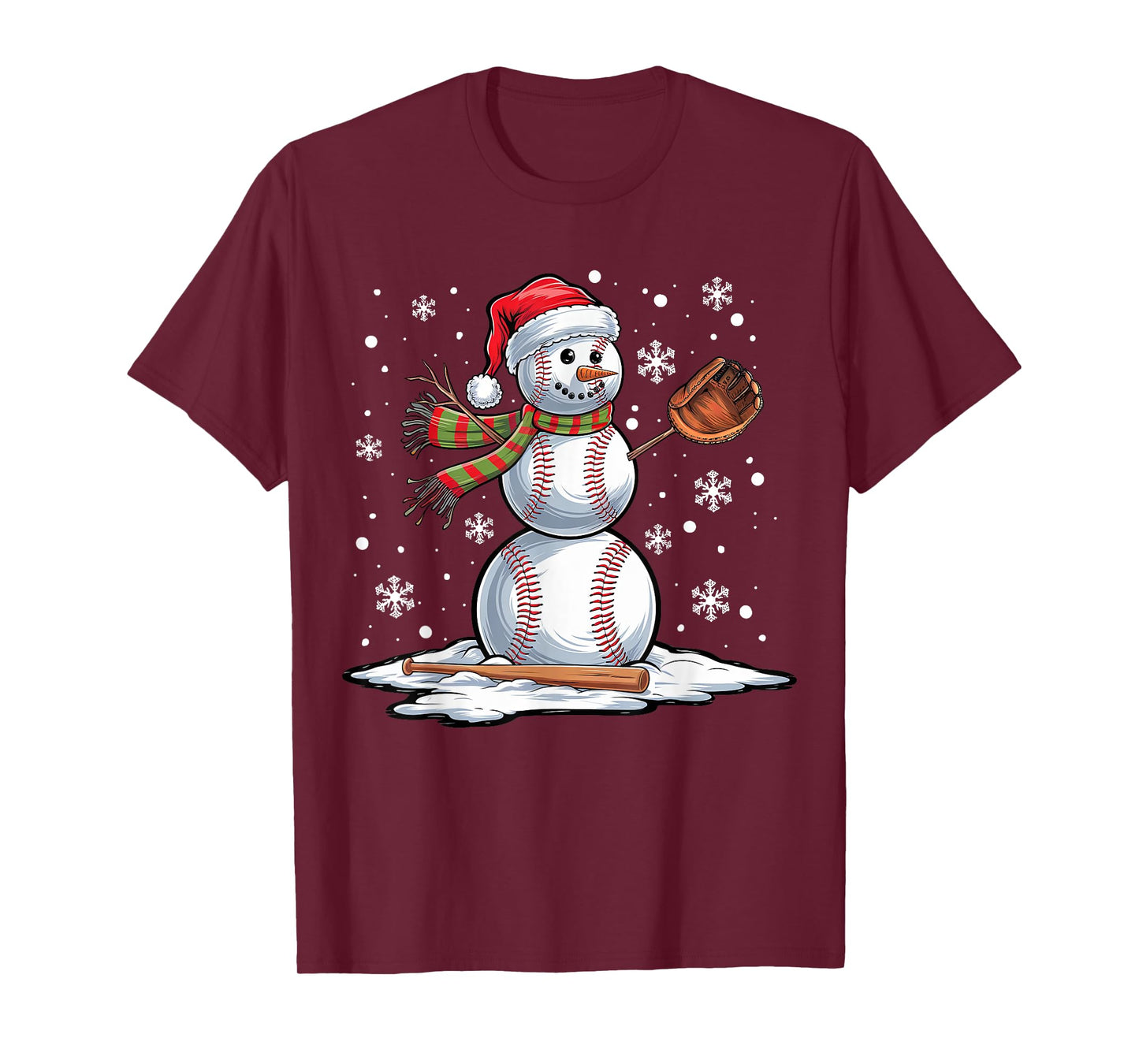 Baseball Snowman Baseball Player Santa Hat Christmas Funny T-Shirt