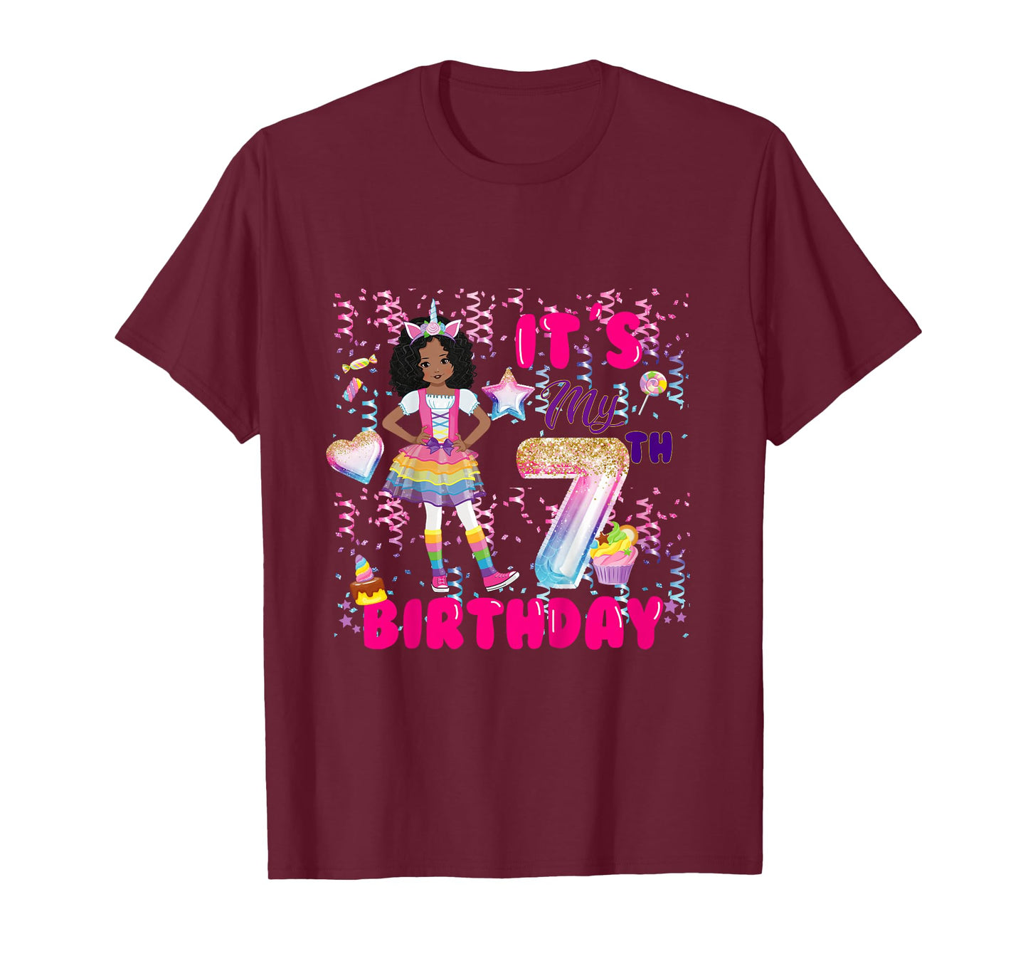 7th Birthday shirt Girls 7 yr African American 7th B-day T-Shirt