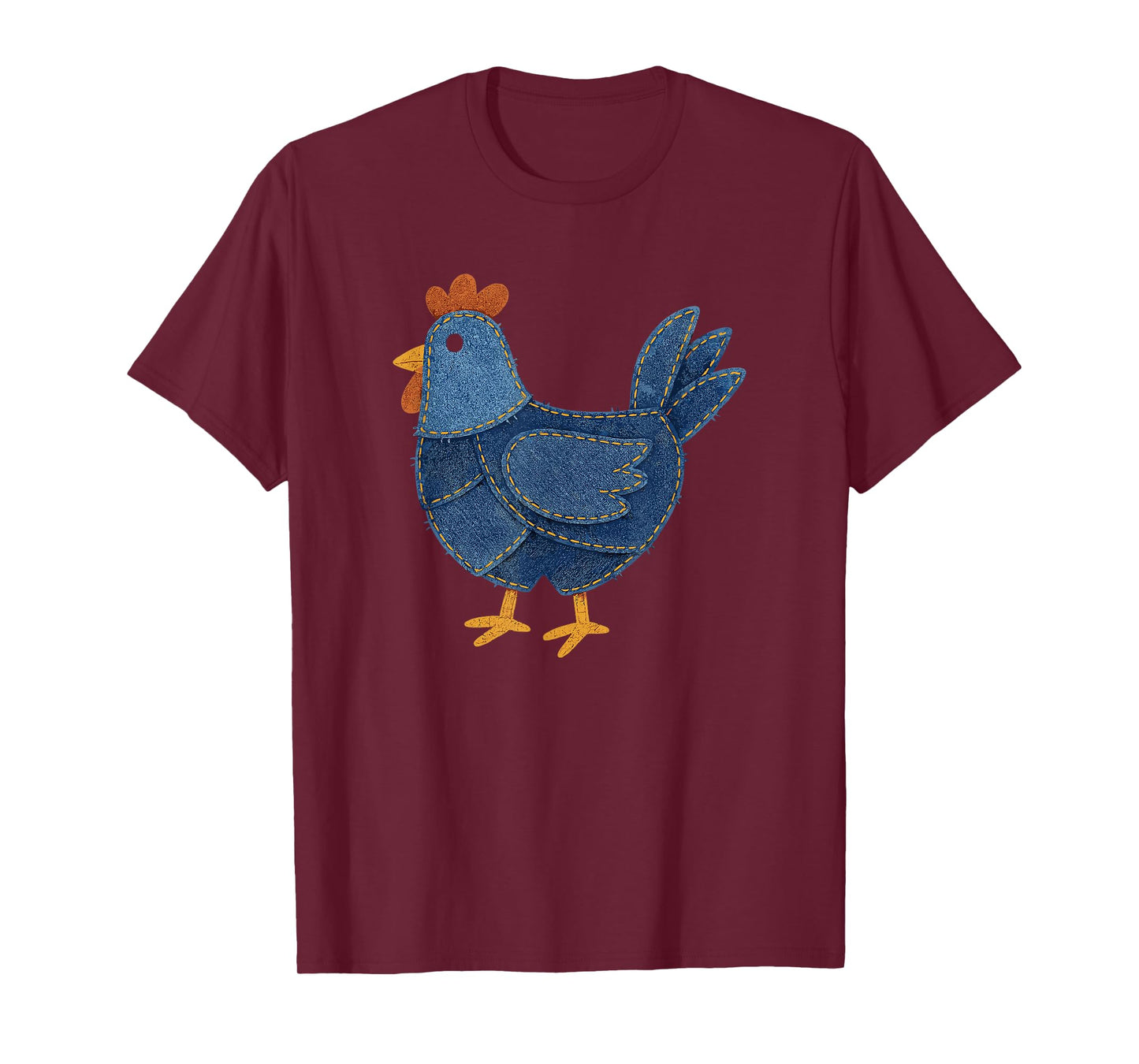 Retro Chicken Patch Print Denim Patchwork Art T-Shirt