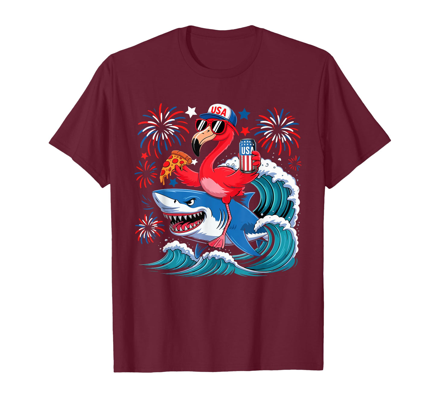 Flamingo Riding Shark With Beer Pizza 4th Of July Patriotic T-Shirt