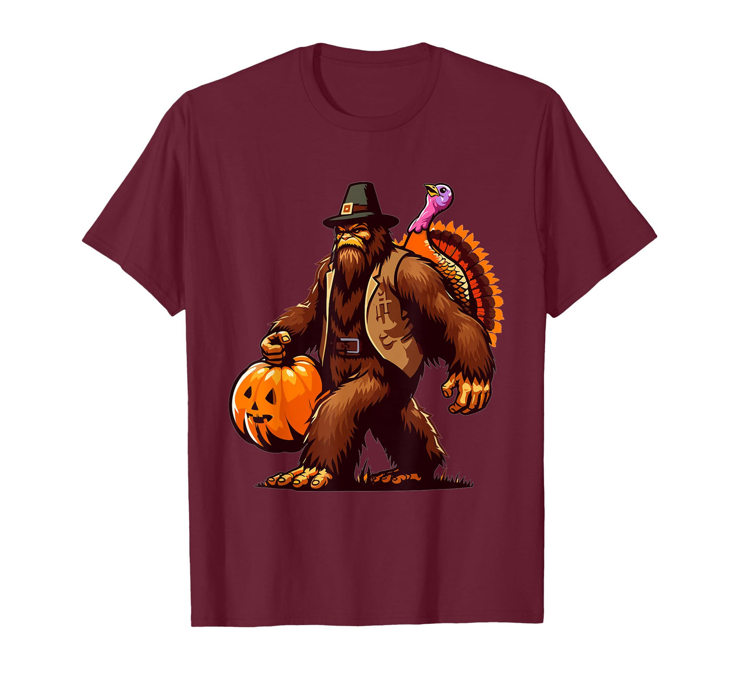 Bigfoot Pilgrim Turkey Pumpkin Thanksgiving Day T-Shirt
