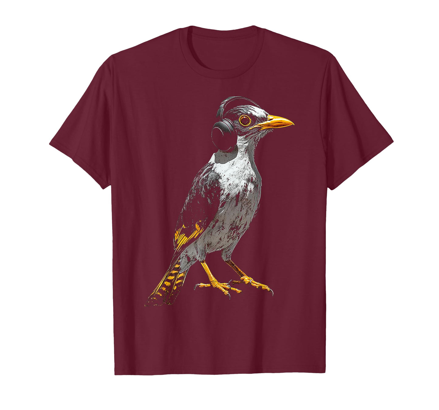 Myna Bird Motif Animal Illustration Music Headphone Myna T-Shirt
