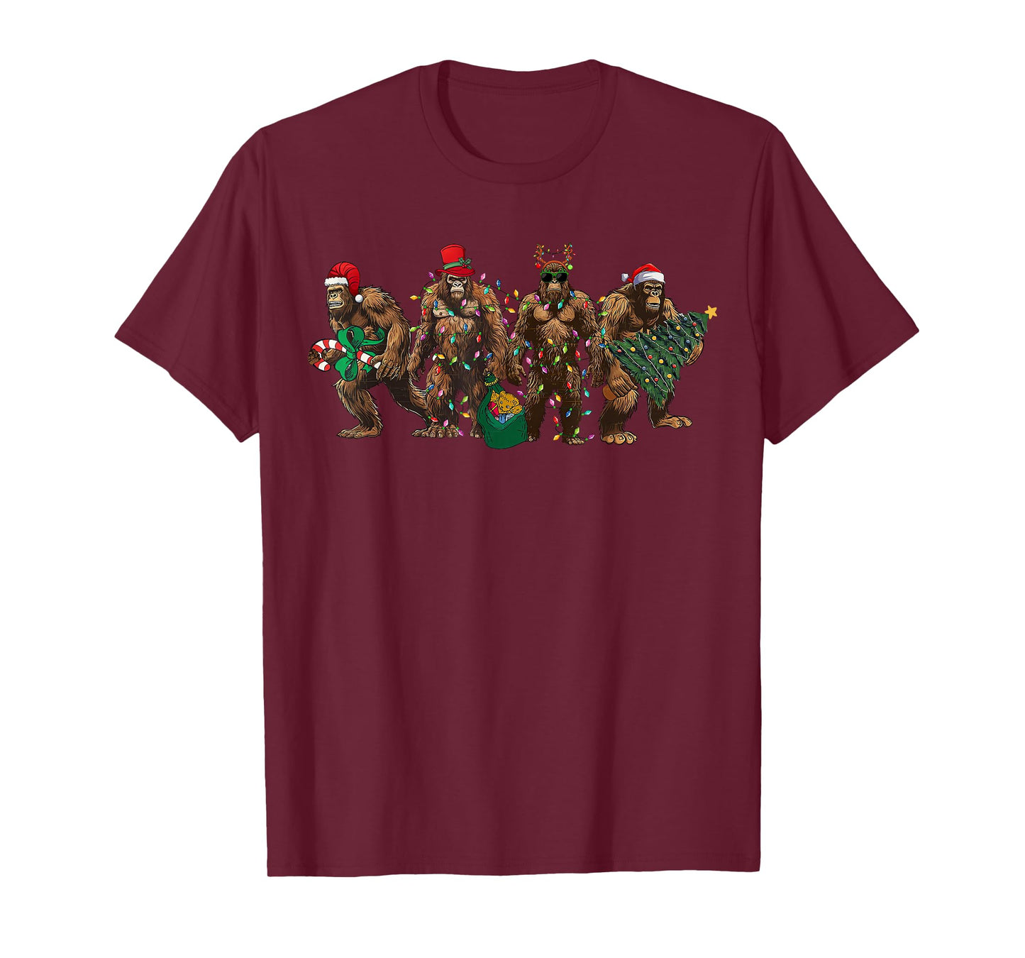 Santa Bigfoot Christmas Tree Xmas Lights Funny Sasquatch T-Shirt