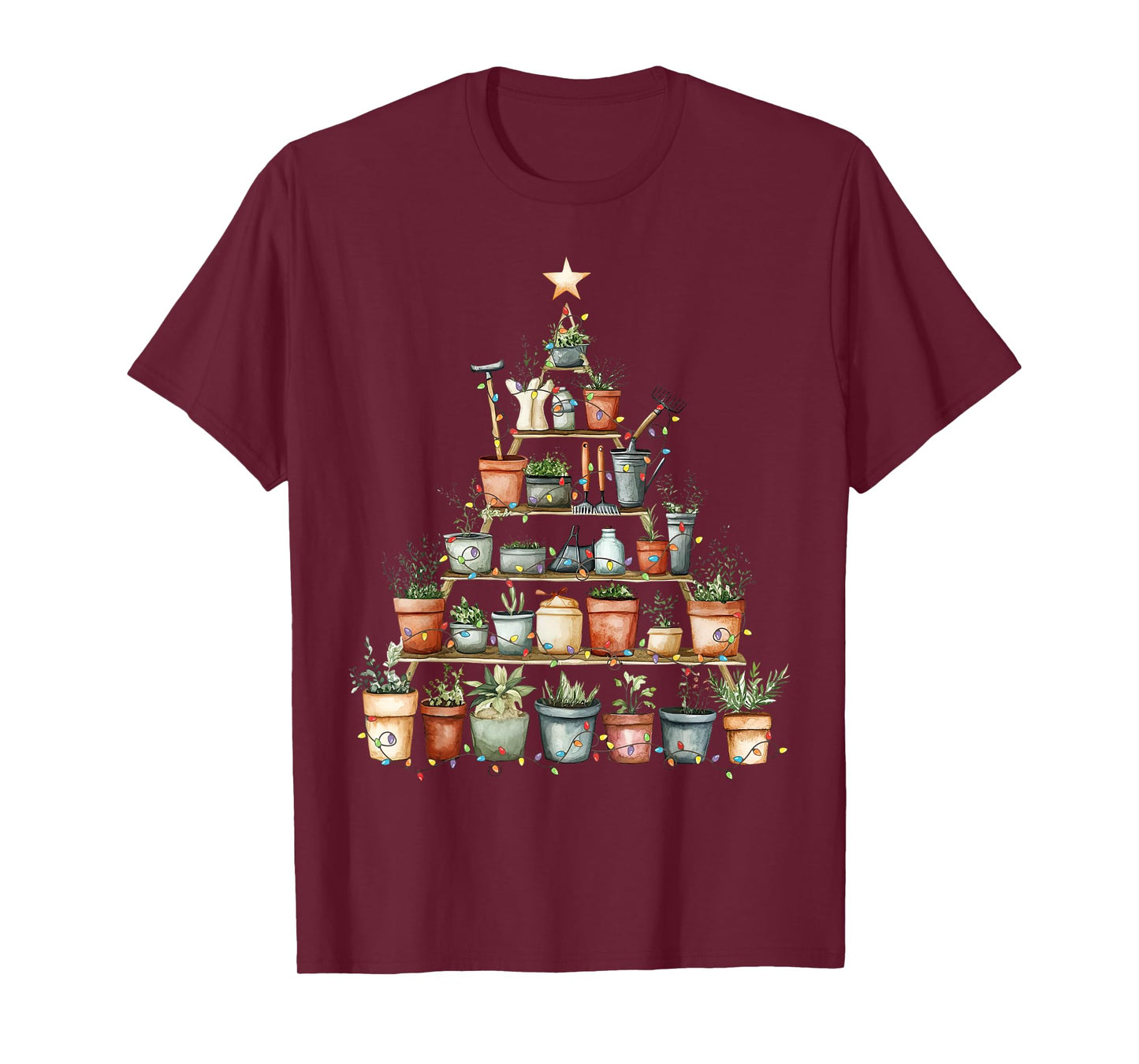 Potted Plant Christmas Tree Lights Gardening Gardener Xmas T-Shirt