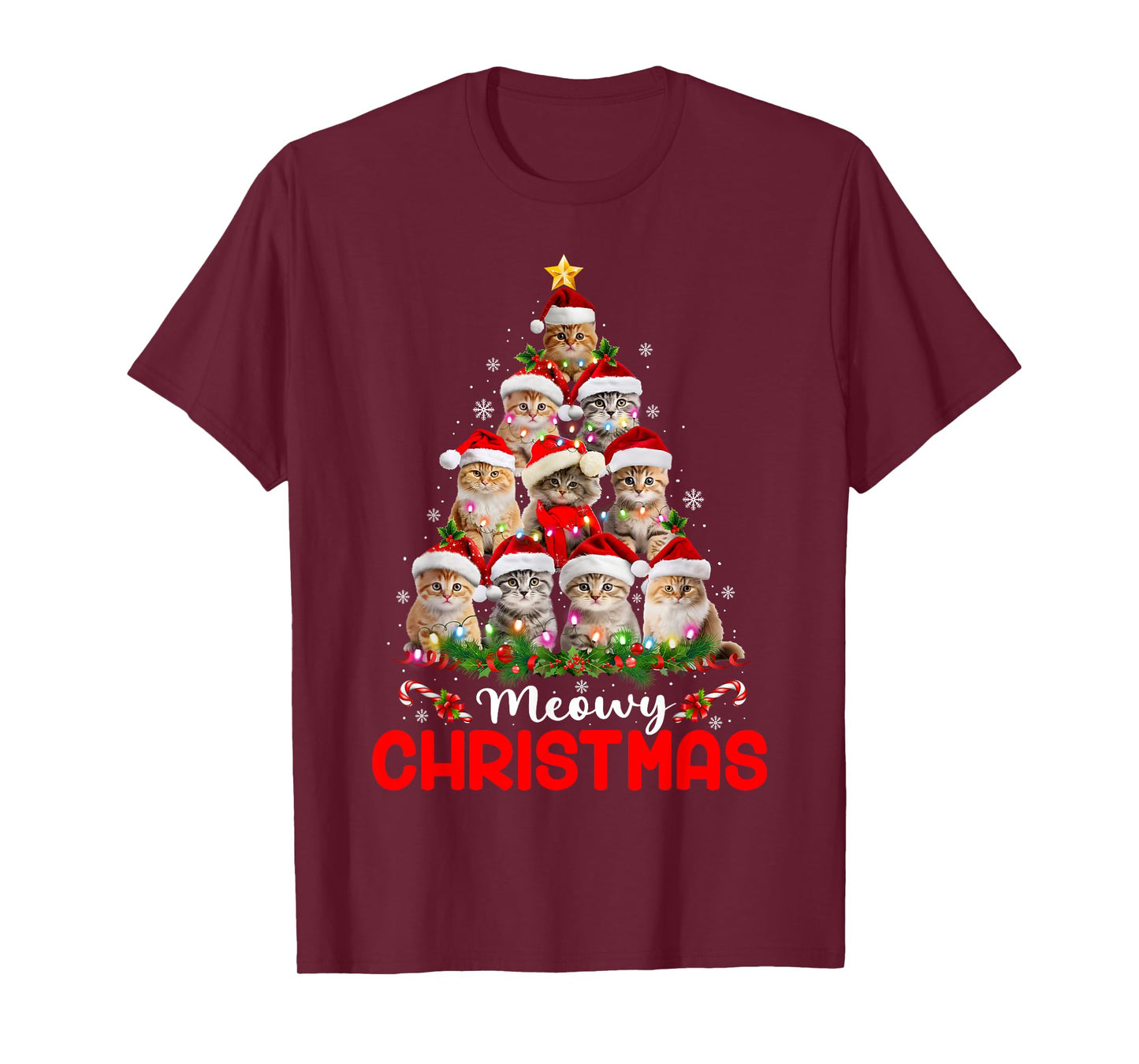 Merry Catmas Cat Christmas Tree Lights Funny Xmas Pajamas T-Shirt for Men Women Kids