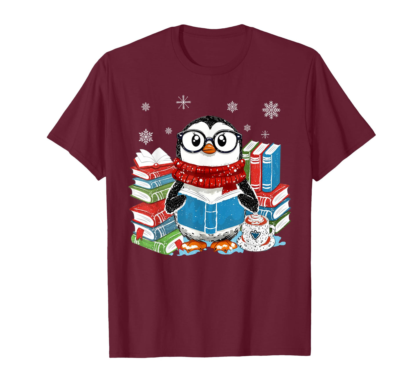 Christmas A Penguin Reading Book Snowflake Cocoa Hot Teacher T-Shirt