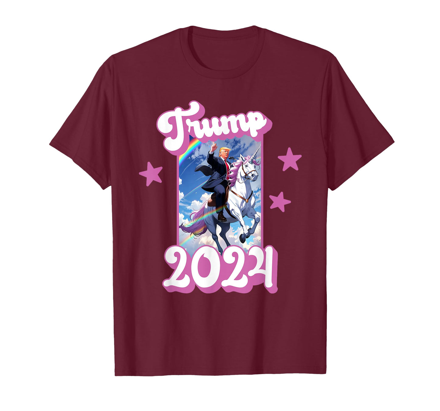 Funny Donald Trump Riding an Unicorn. Pink Trump 2024 Girl T-Shirt