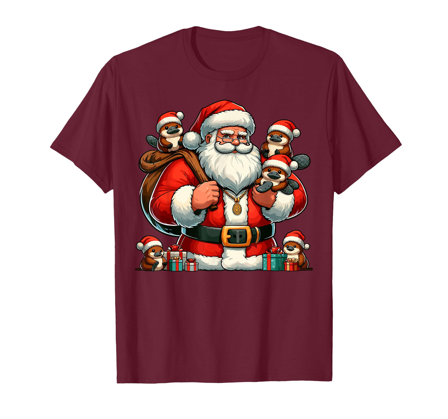 American Santa Claus Holding Platypus Present Xmas T-Shirt