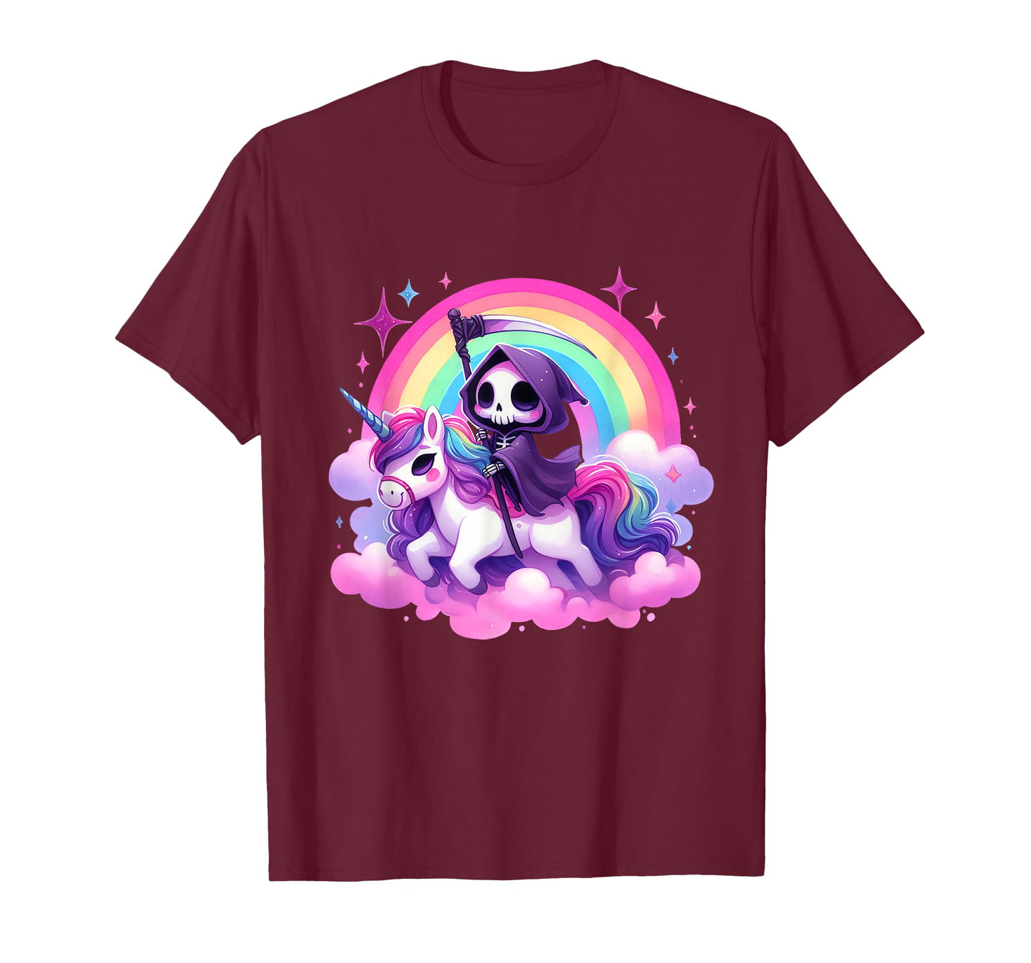 Funny Humor Rainbow Gothic Grim Reaper Riding Unicorn Kids T-Shirt