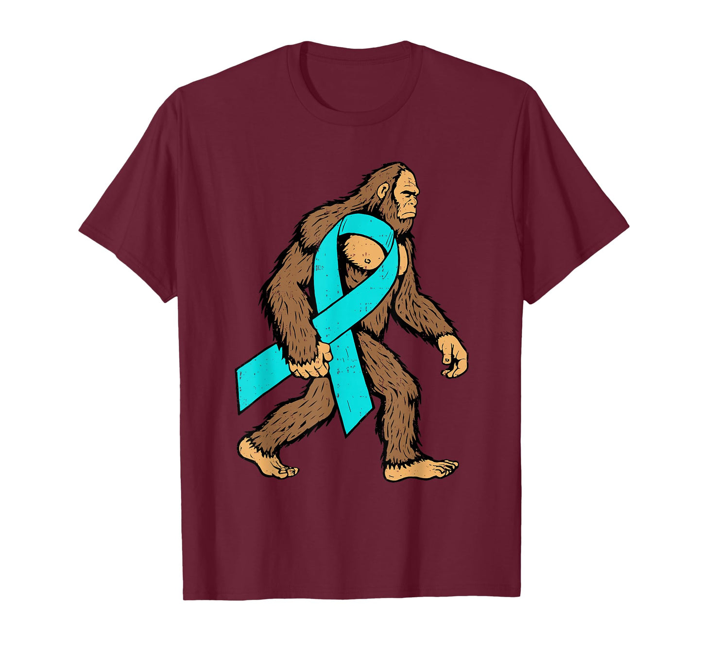 Ovarian Cancer Awareness Bigfoot Ribbon Teal Support Men Boy T-Shirt