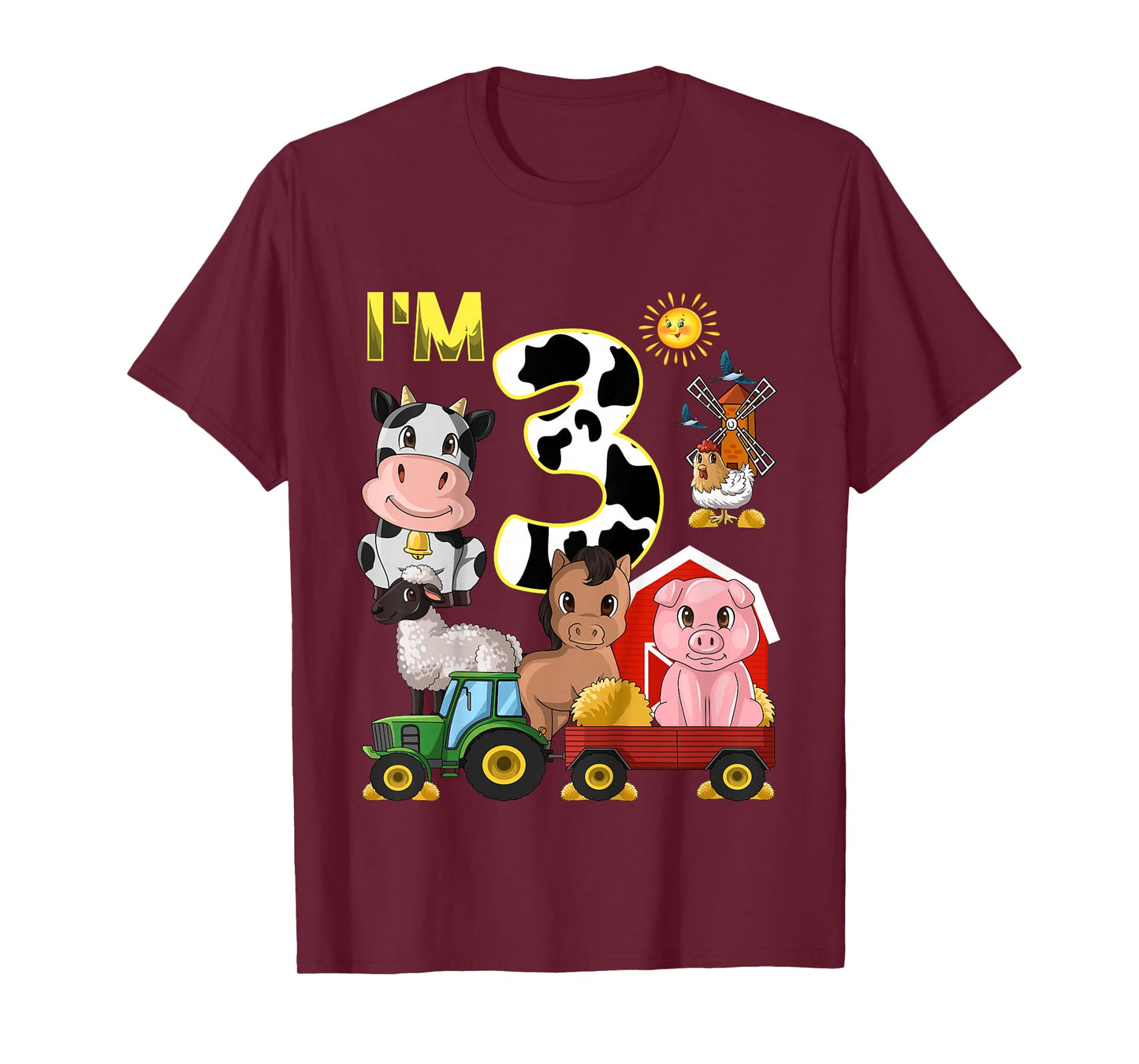 Farm Animals Tractor 3rd Birthday 3 Year Old Birthday Party T-Shirt