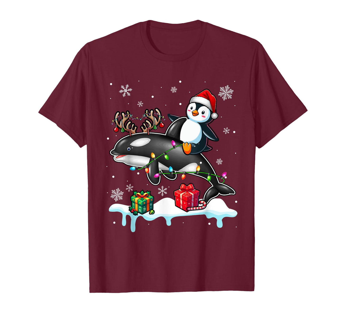 Christmas Santa Penguin Riding Reindeer Orca Lover Kids T-Shirt