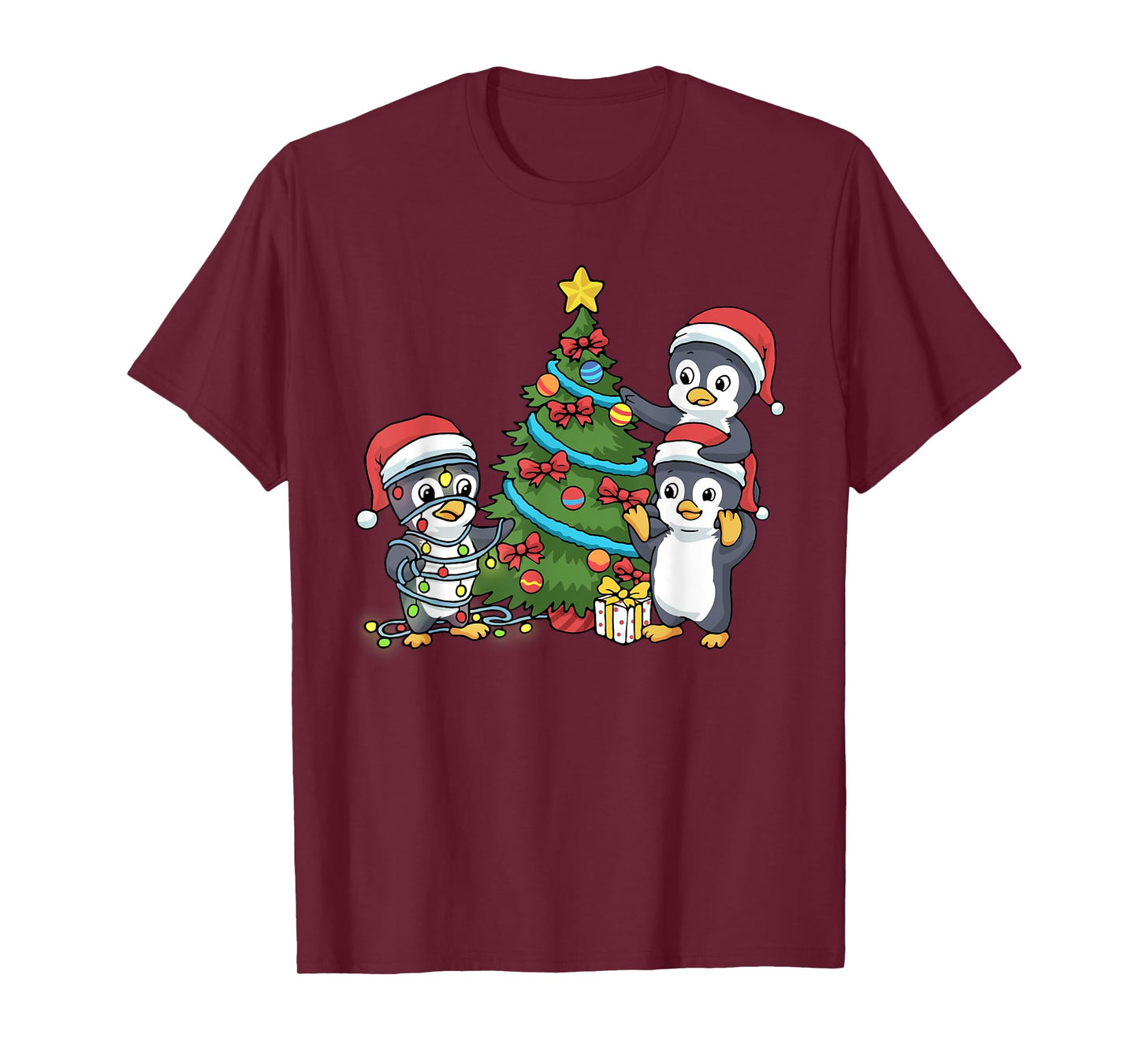 Kids Christmas Penguin Tshirt Christmas Tree Lights Baubles T-Shirt