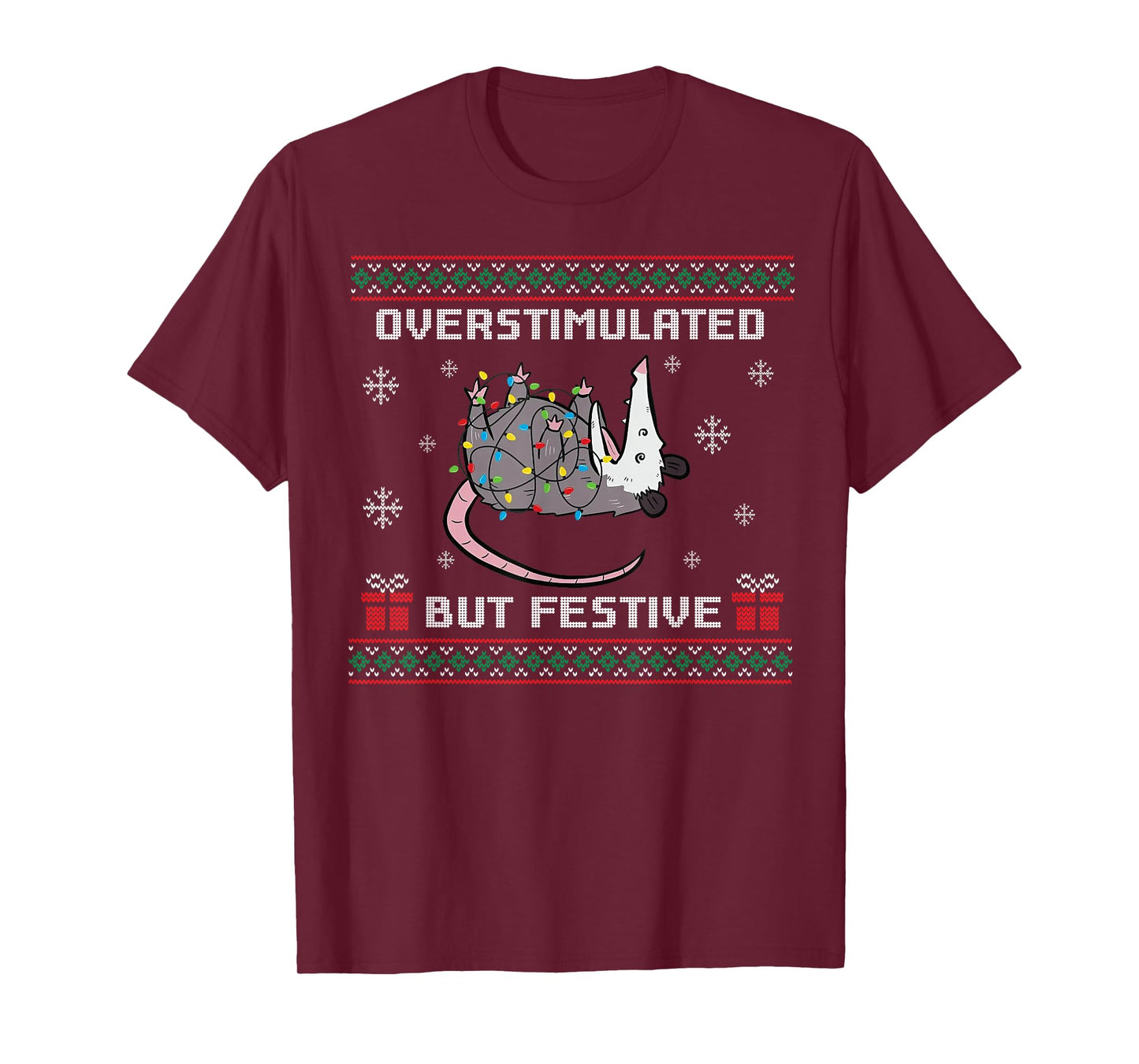 Overstimulated But Festive Possum Ugly Christmas T-Shirt