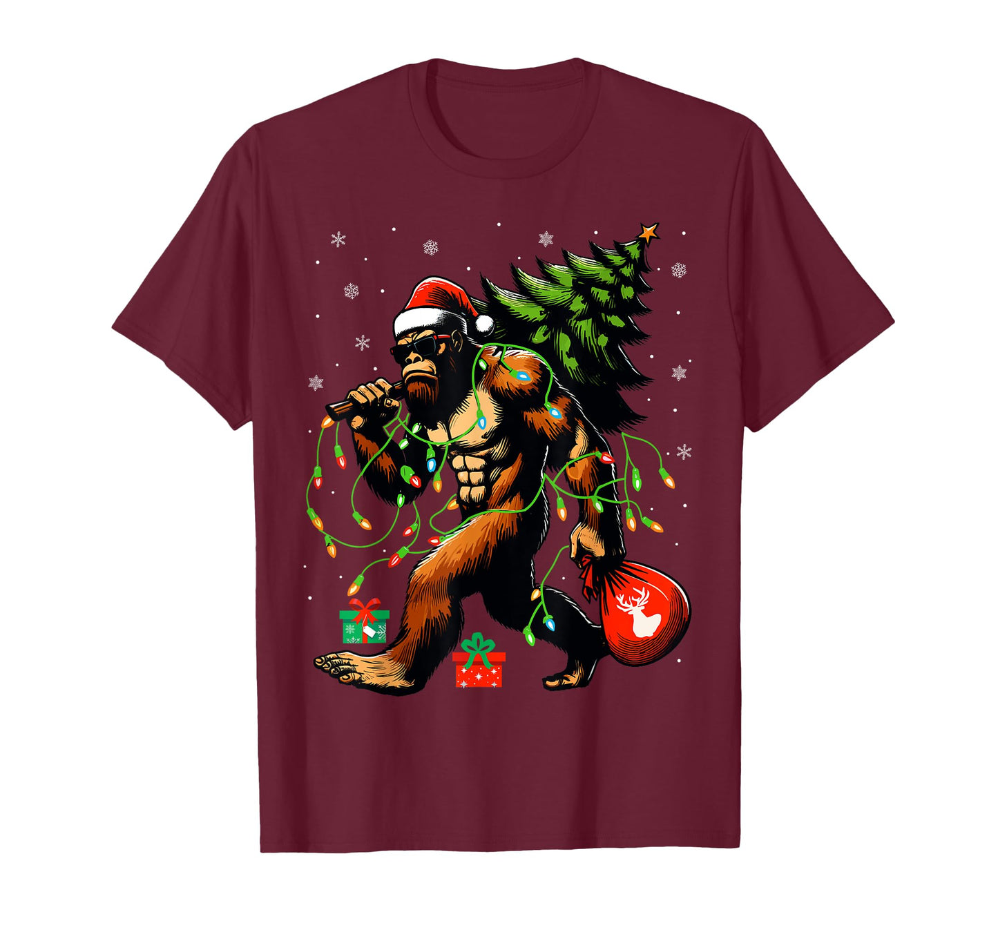 Santa Bigfoot Christmas Tree Xmas Lights Funny Sasquatch T-Shirt