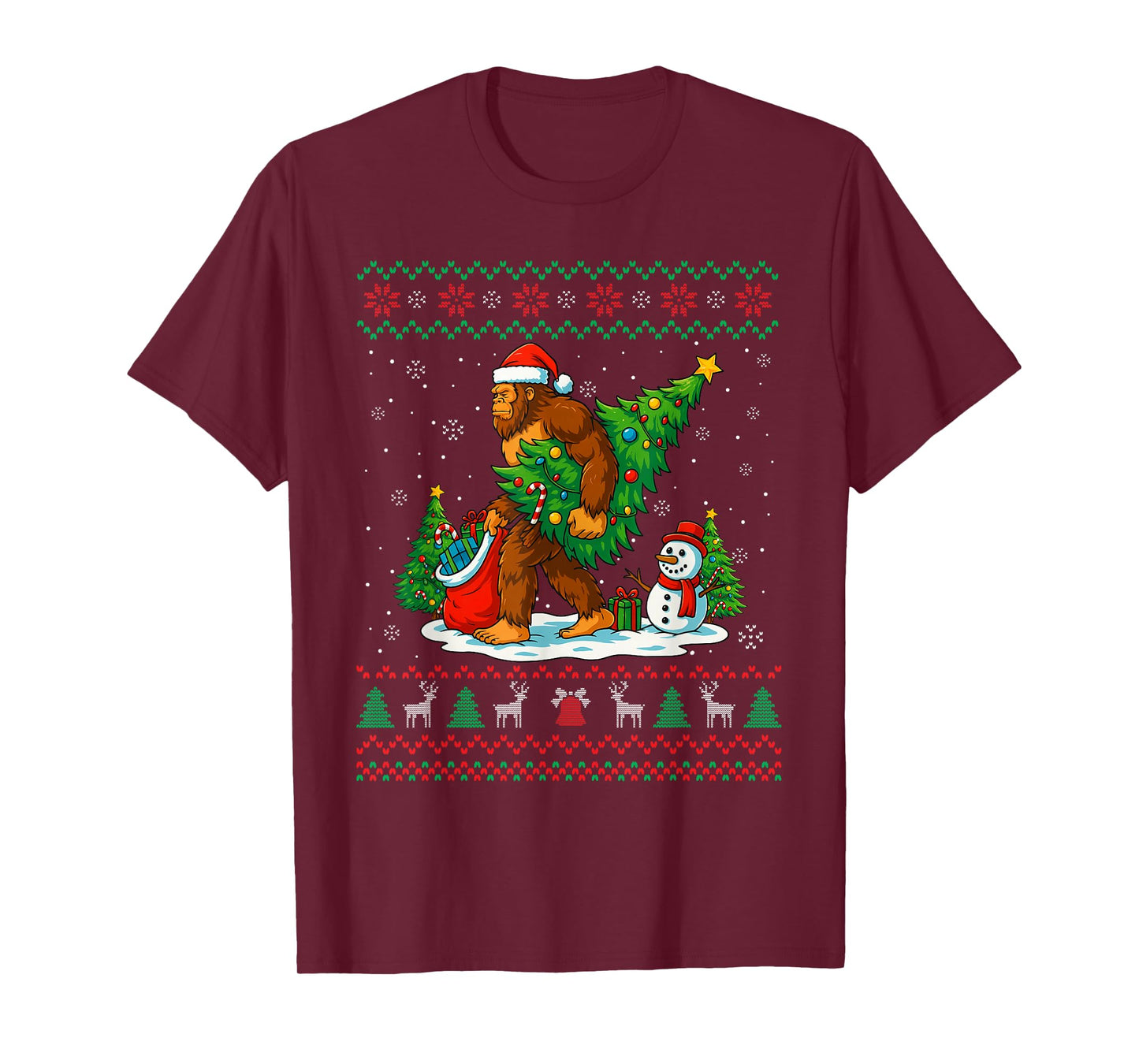 Bigfoot Santa Ugly Christmas Tree Funny Xmas Lights Men Kids T-Shirt
