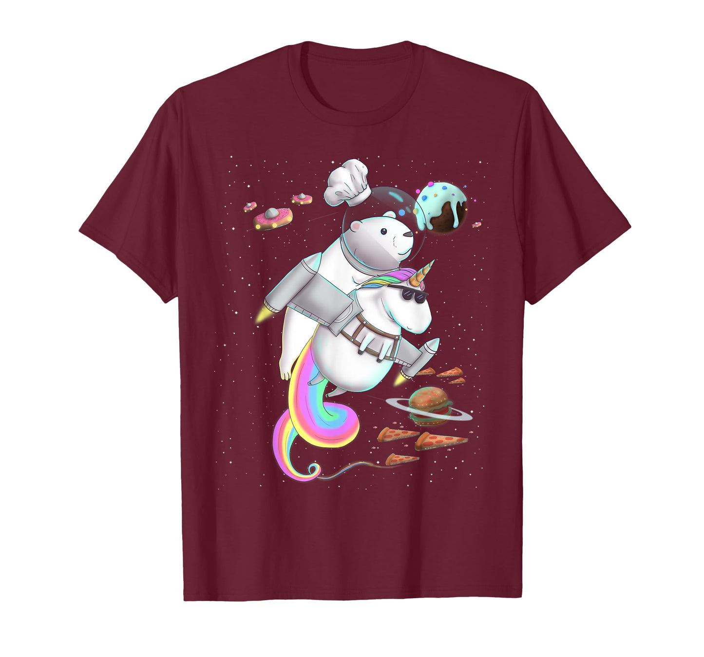 Polar Bear Riding Unicorn Food Pizza Space Party Planet T-Shirt