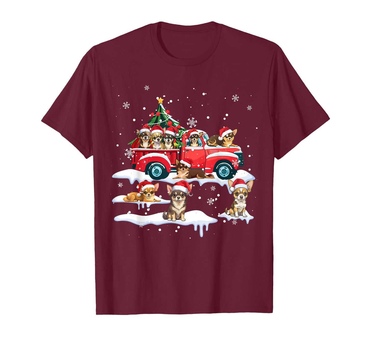 Chihuahua Dog Riding Red Truck Ugly Sweater Merry Christmas T-Shirt