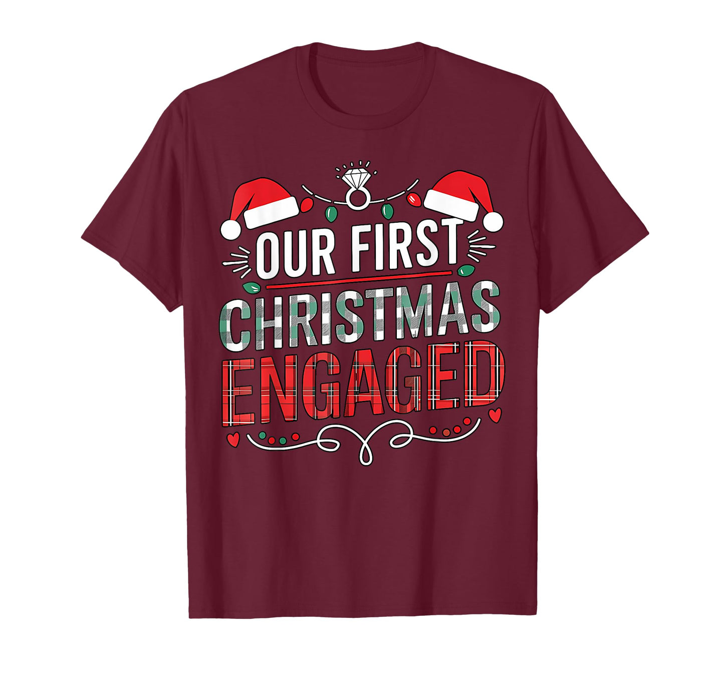 Our First Christmas Engaged 2024 Black Unisex Adult Christmas Couple Matching T-Shirt