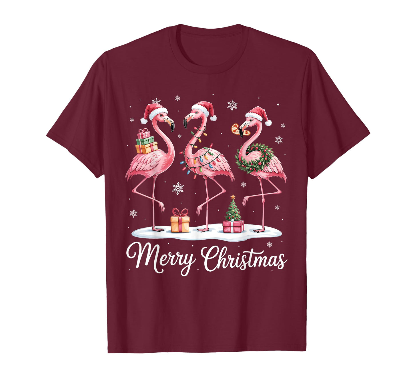 Merry Christmas Cute Flamingo Santa Snow Xmas Lights Pajamas T-Shirt