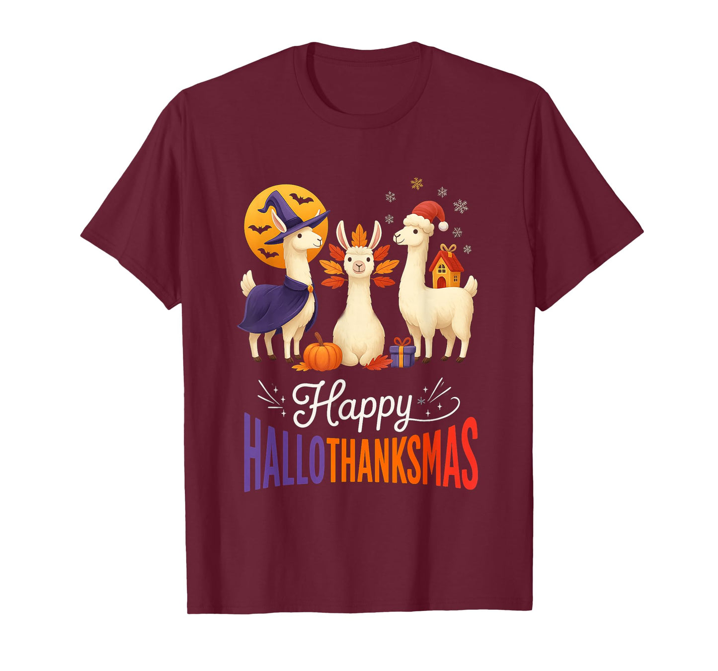 Happy Hallothanksmas Llamas Halloween Thanksgiving Xmas Fun T-Shirt