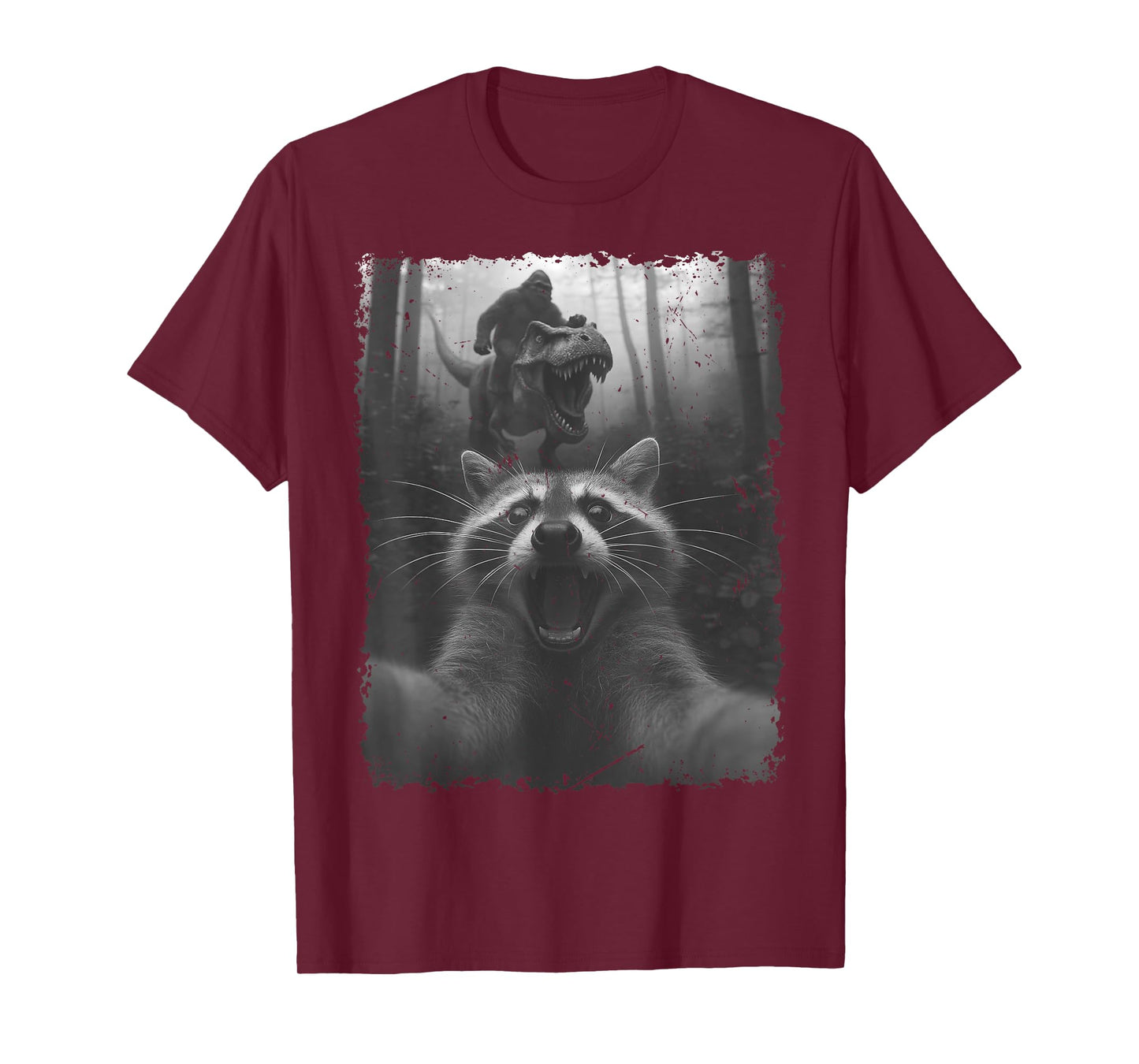 Funny Raccoon Selfie with T-Rex Dinosaur and Bigfoot T-Shirt