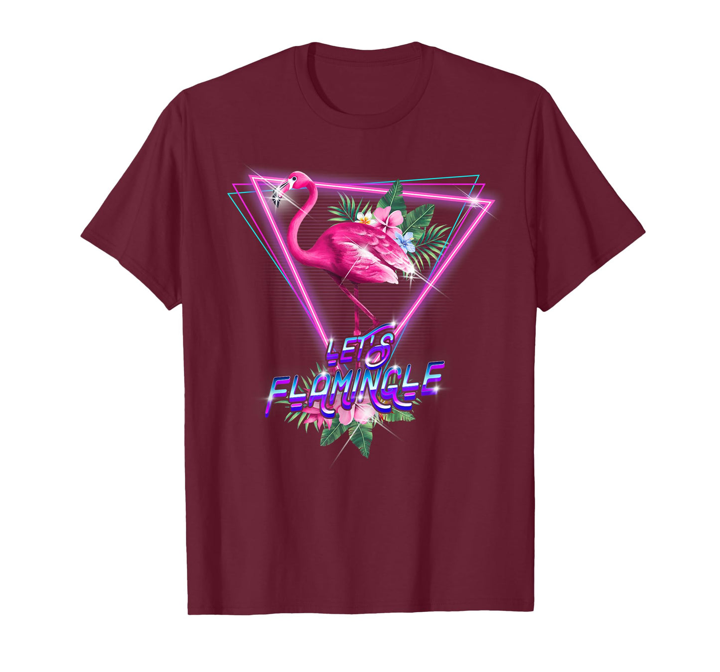 Retro 80s Botanical Tropical Leaf Flowers Let's Flamingle T-Shirt