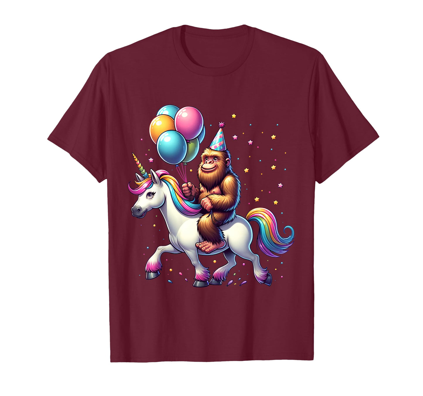 Bigfoot Sasquatch Riding Unicorn. Funny Bigfoot Birthday T-Shirt