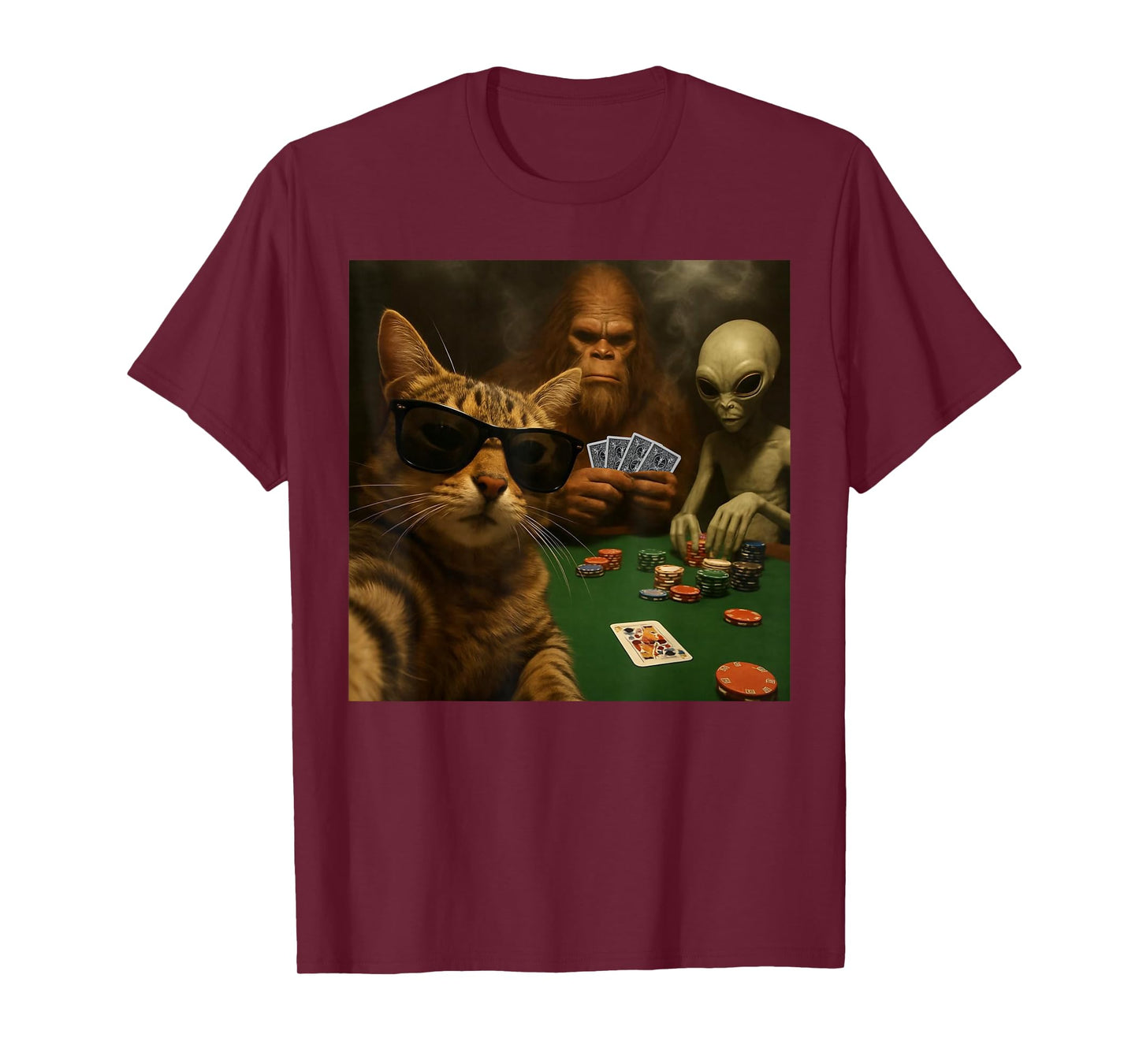 Cat Poker Selfie Bigfoot & Alien Playing Cards Funny T-Shirt