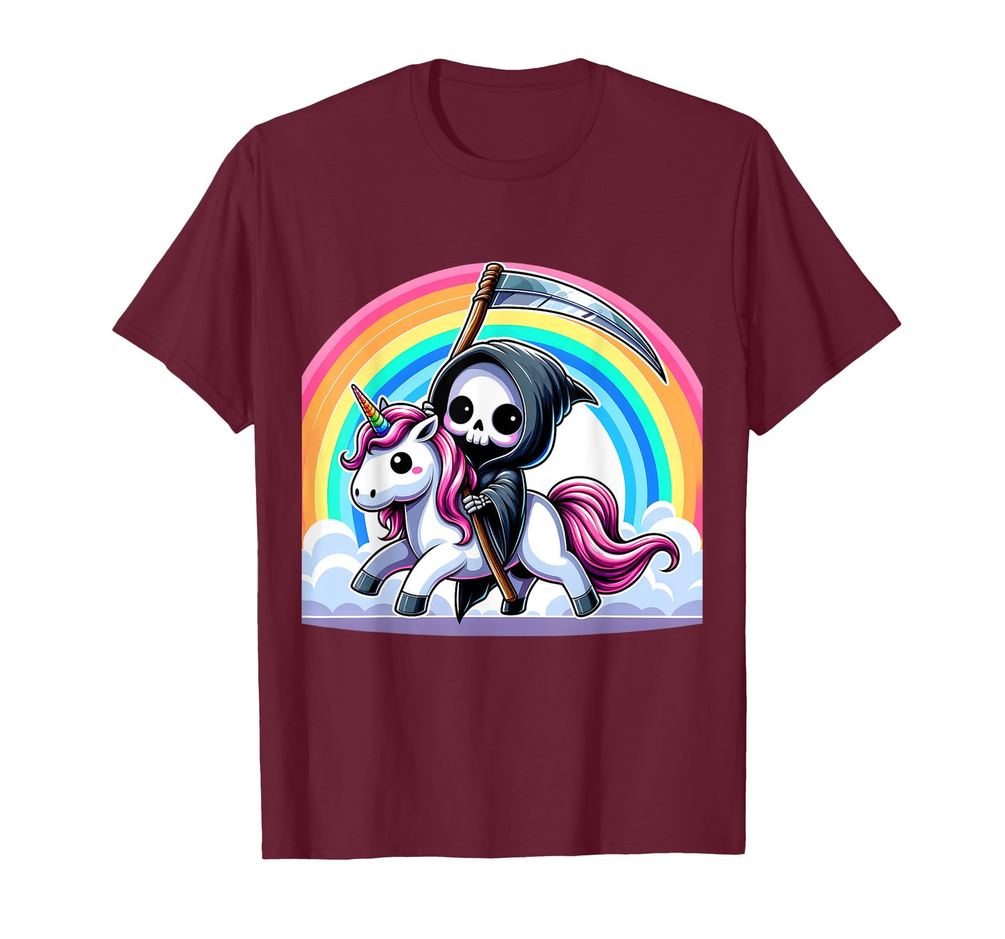 Grim Reaper Riding Unicorn Funny Rainbow Heavy Metal T-Shirt