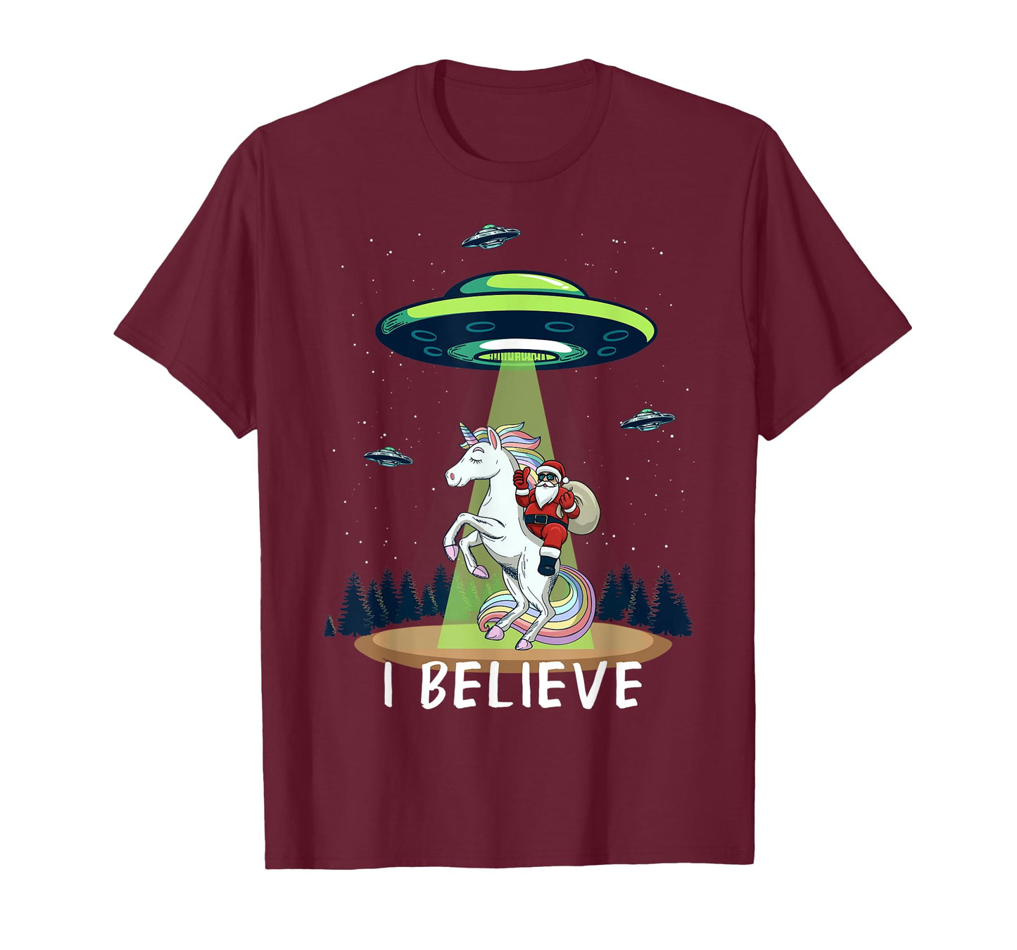 Santa Claus Riding Unicorn Alien space UFO Christmas Design T-Shirt