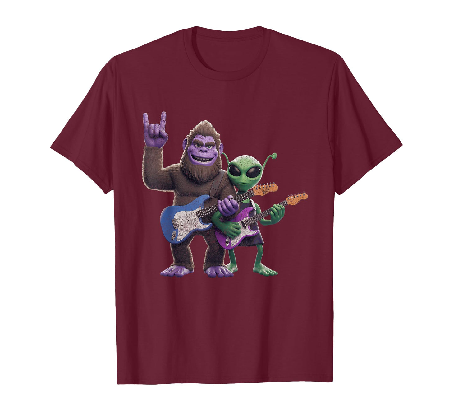 Funny Alien And Bigfoot Sasquatch Guitar Rock On T-Shirt