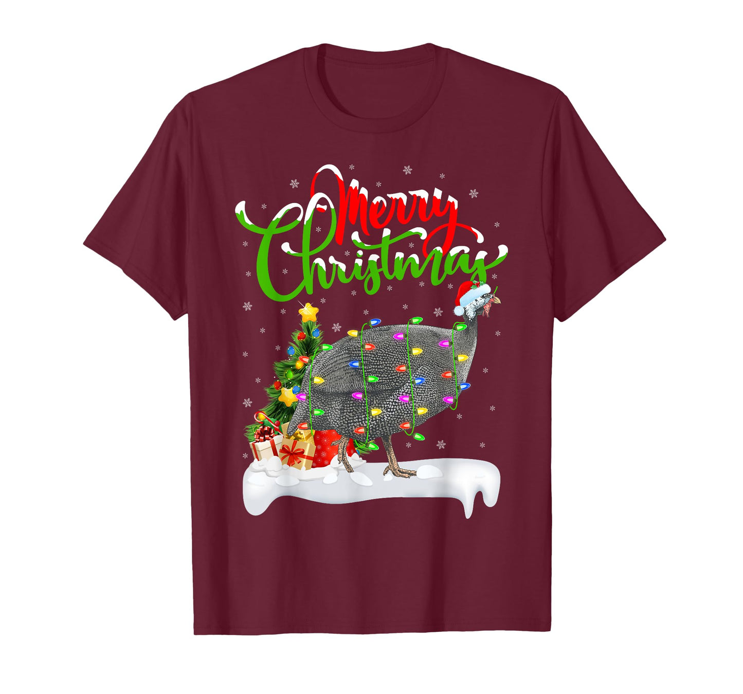 Xmas Lights Tree Santa Guinea Fowl Bird Merry Christmas T-Shirt